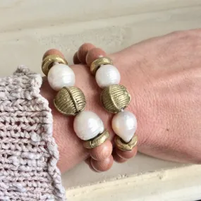 Rosewood & Freshwater Baroque pearls w African Brass Bracelet