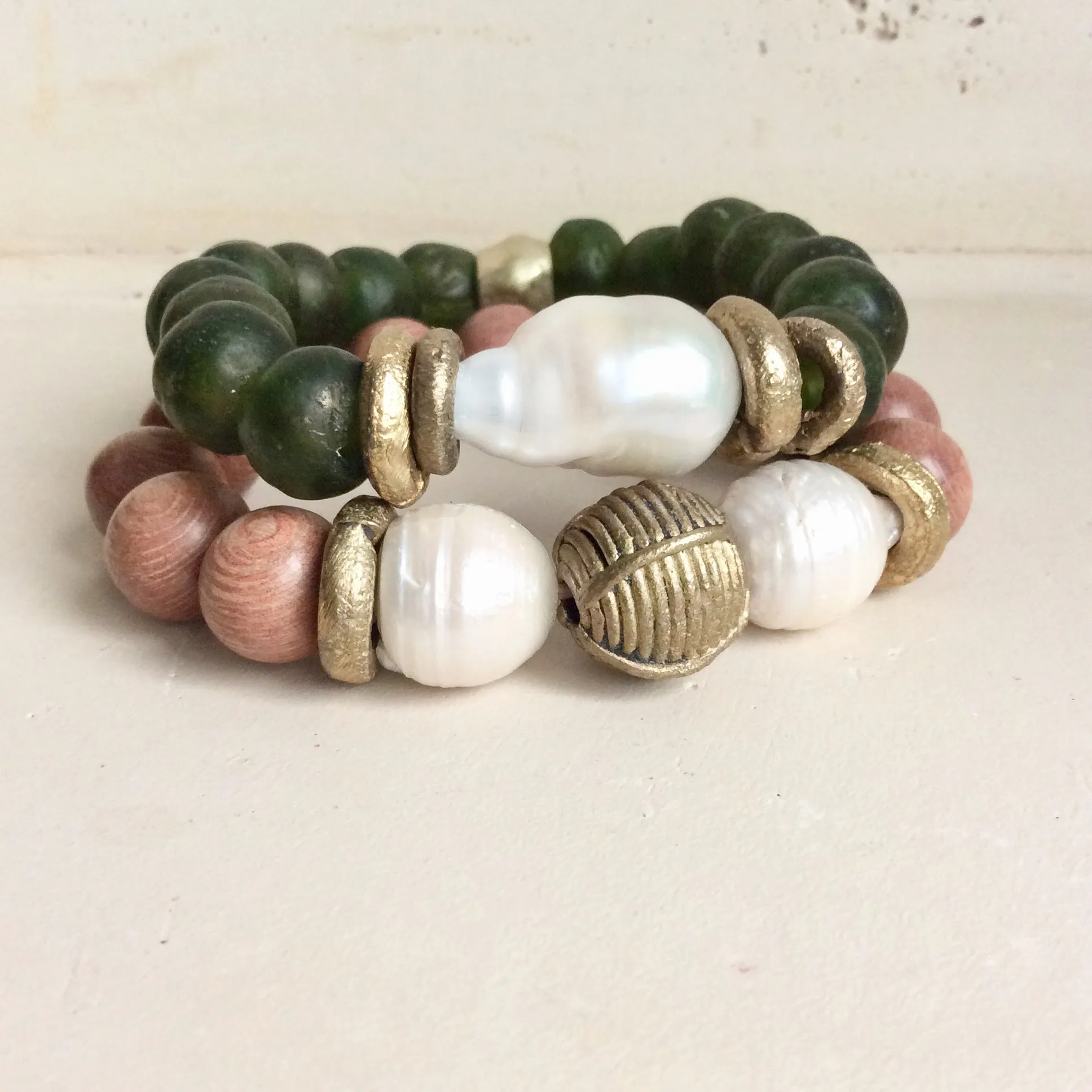 Rosewood & Freshwater Baroque pearls w African Brass Bracelet