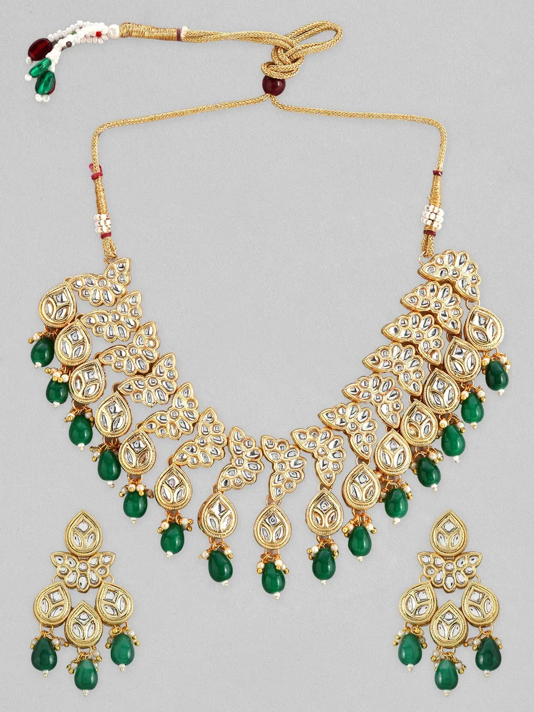 Rubans 22K Gold Plated Kundan Necklace Set With And Green Beads