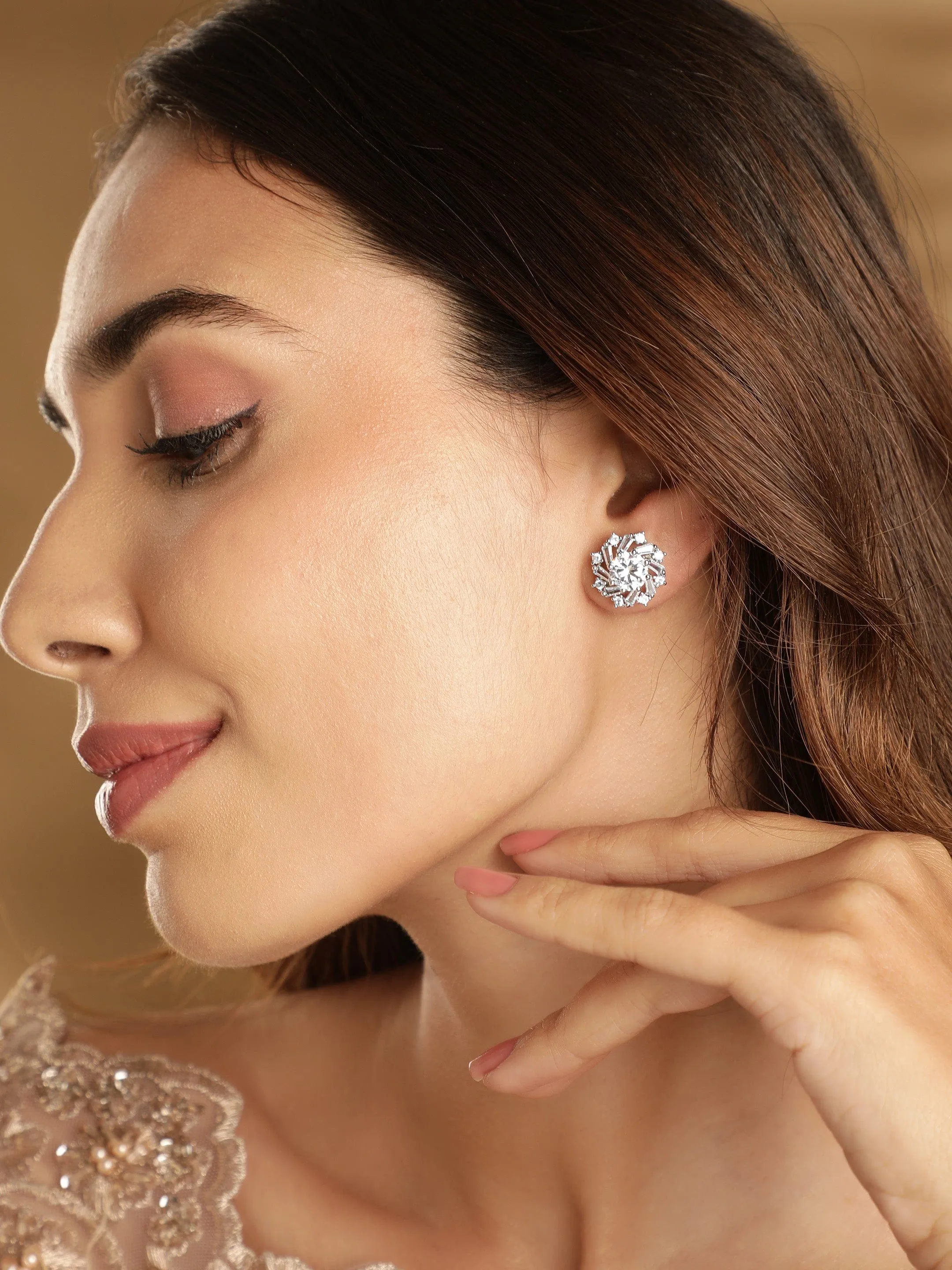 Rubans Elegant Rhodium-Plated AD Stud Earrings