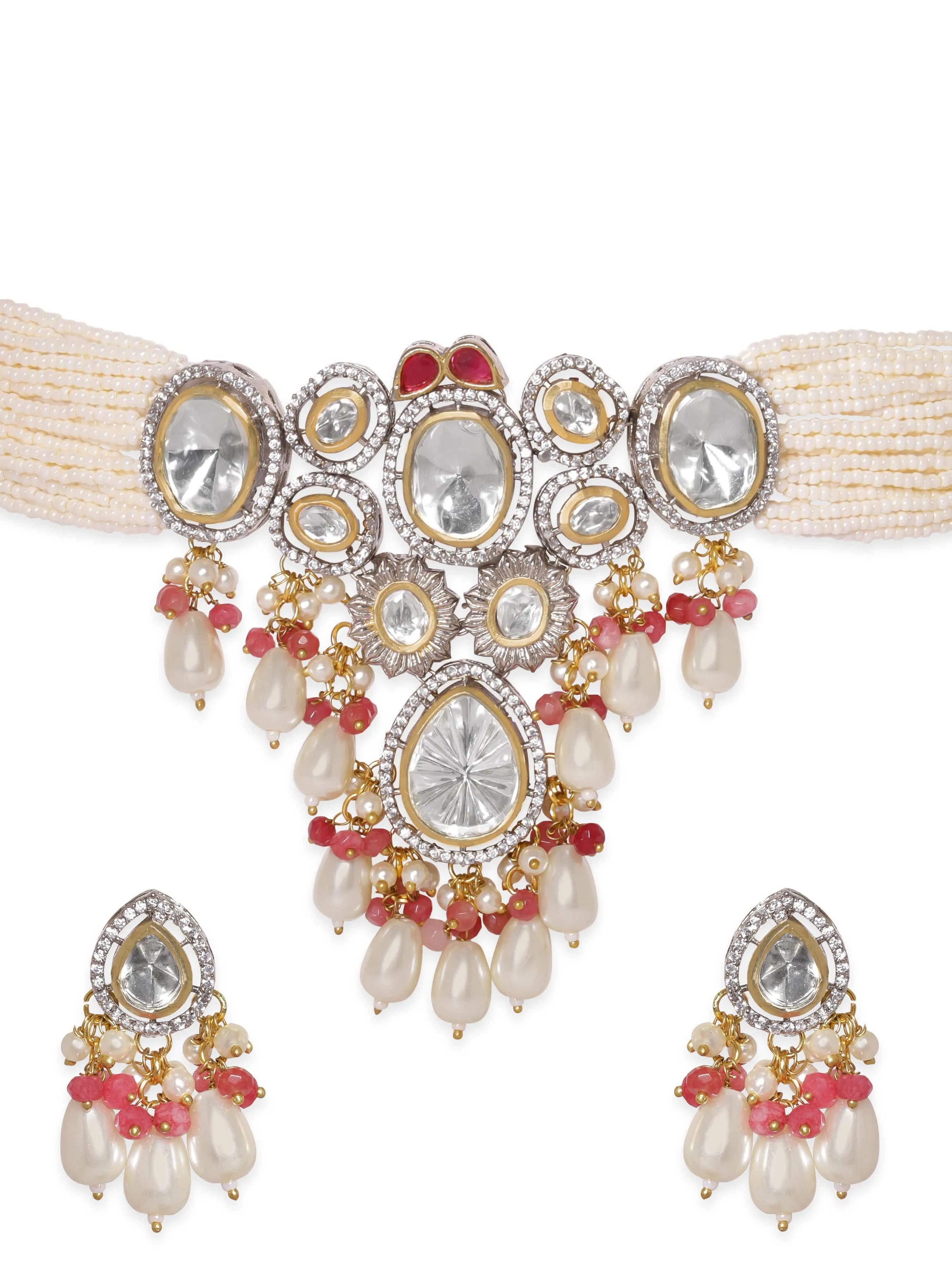 Rubans Majestic Fusion White Pearl with Kundan Necklace Set