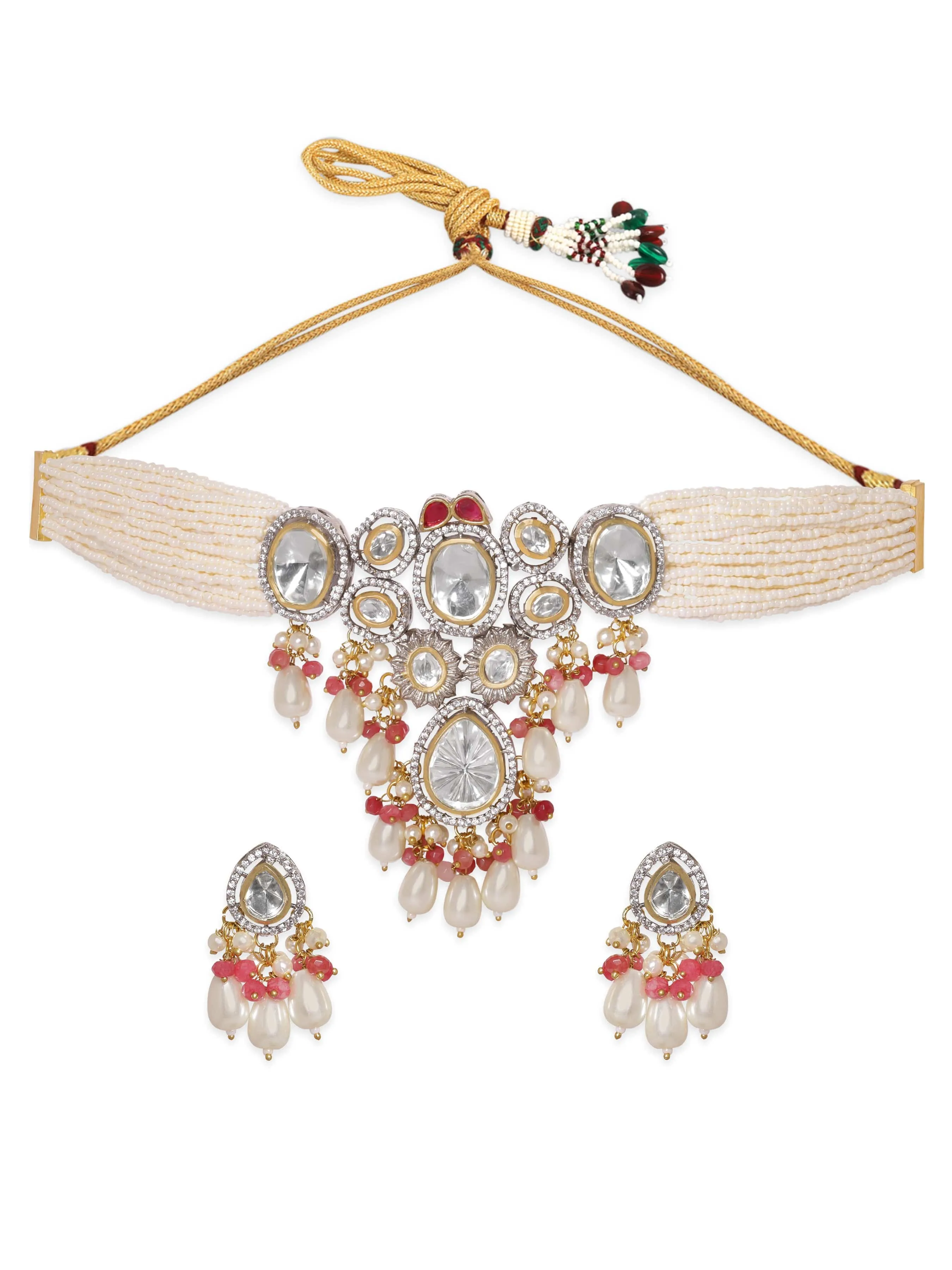 Rubans Majestic Fusion White Pearl with Kundan Necklace Set