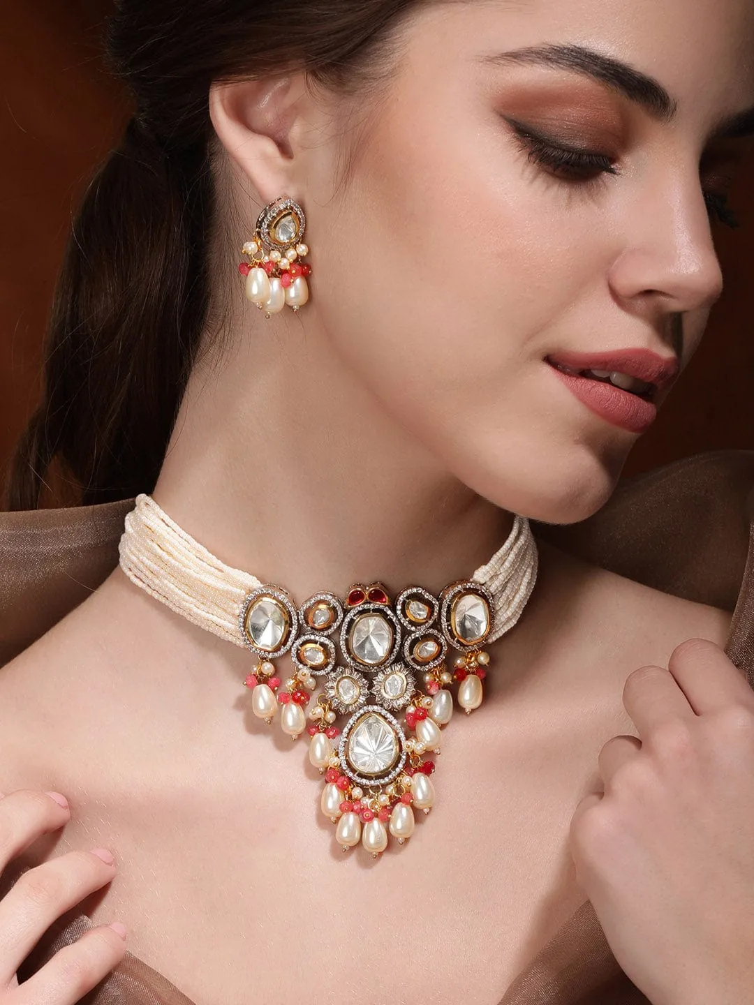 Rubans Majestic Fusion White Pearl with Kundan Necklace Set