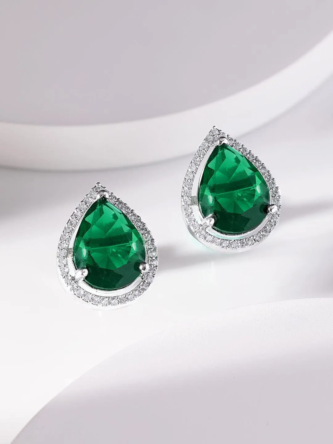 Rubans Rhodium plated Emerald green Zirconia studded teardrop Zirconia stud earring