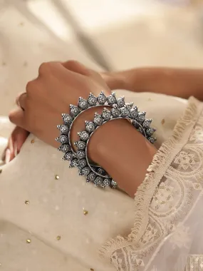 Rubans Set of 2 Oxidized Silver plated Bangles with Lotus Motif