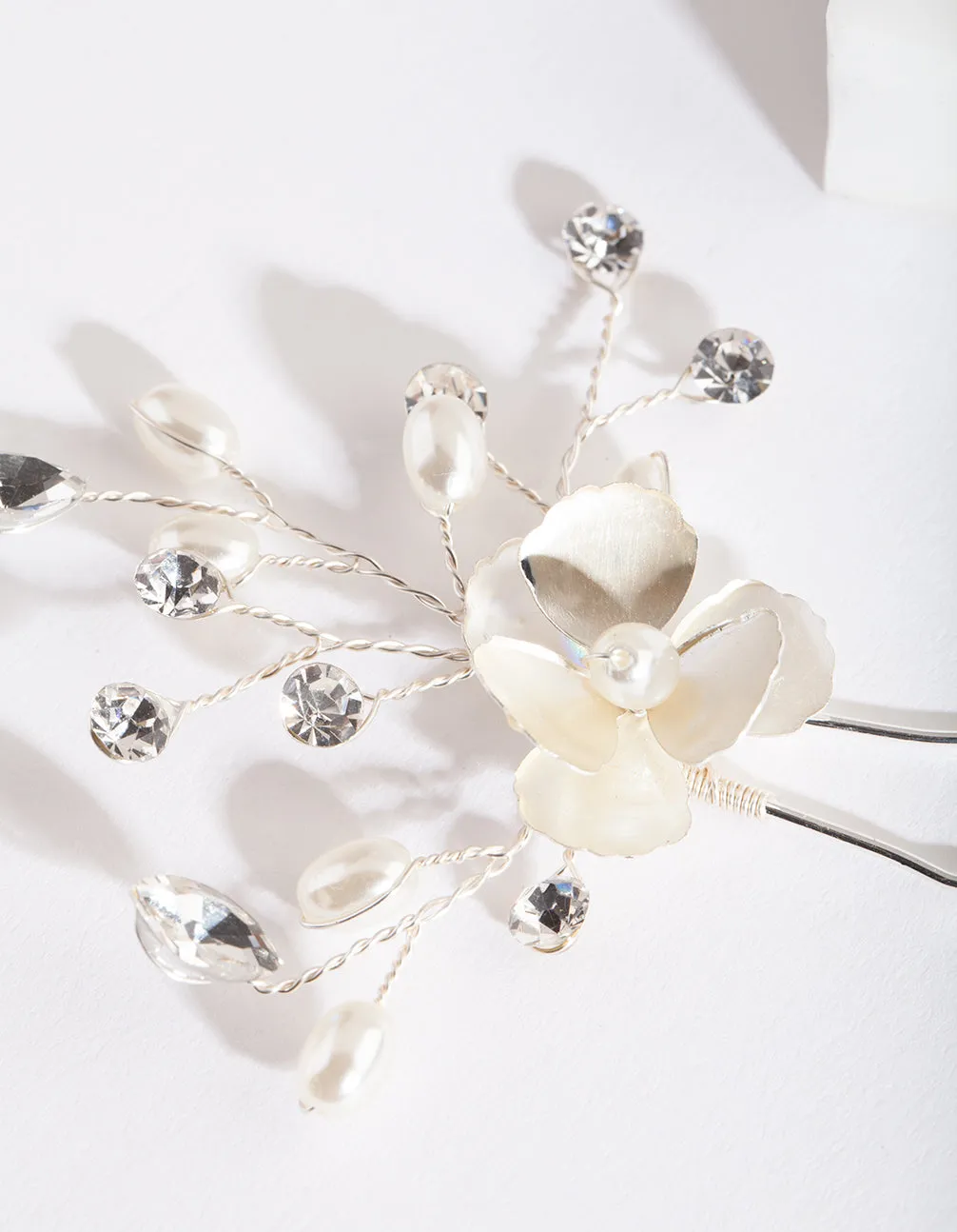 Silver White Flower Hair Pin Pack