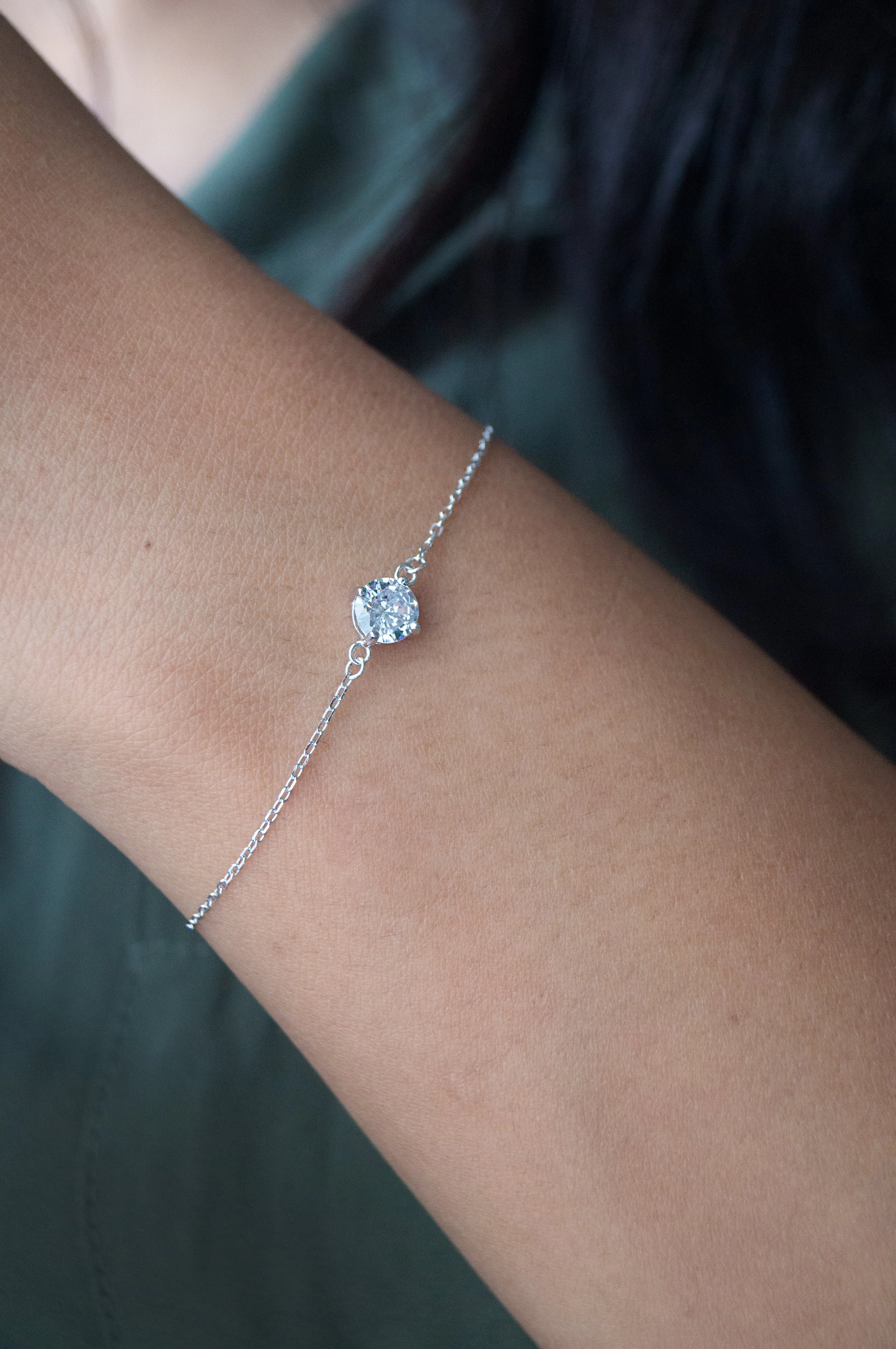 Solitaire Sterling Silver Delicate Chain Bracelet