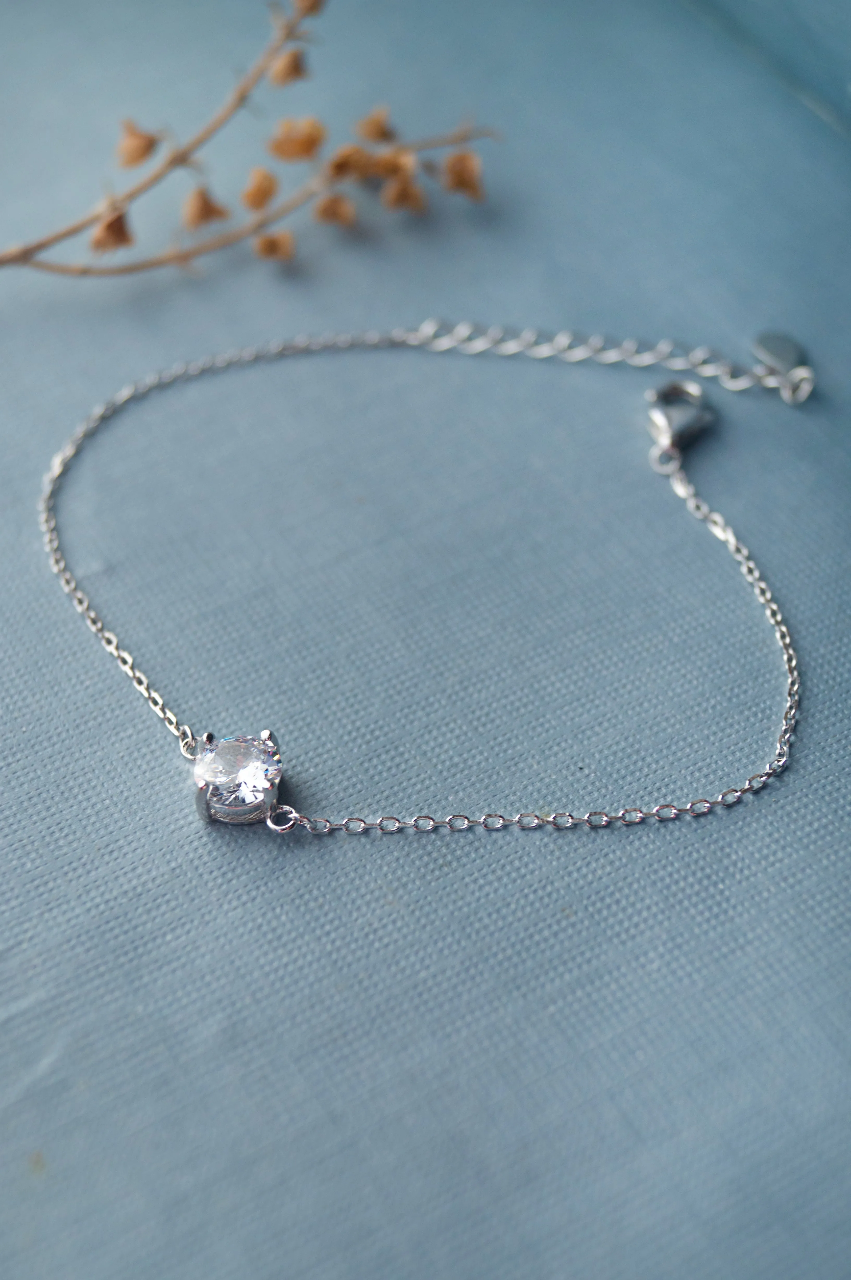 Solitaire Sterling Silver Delicate Chain Bracelet