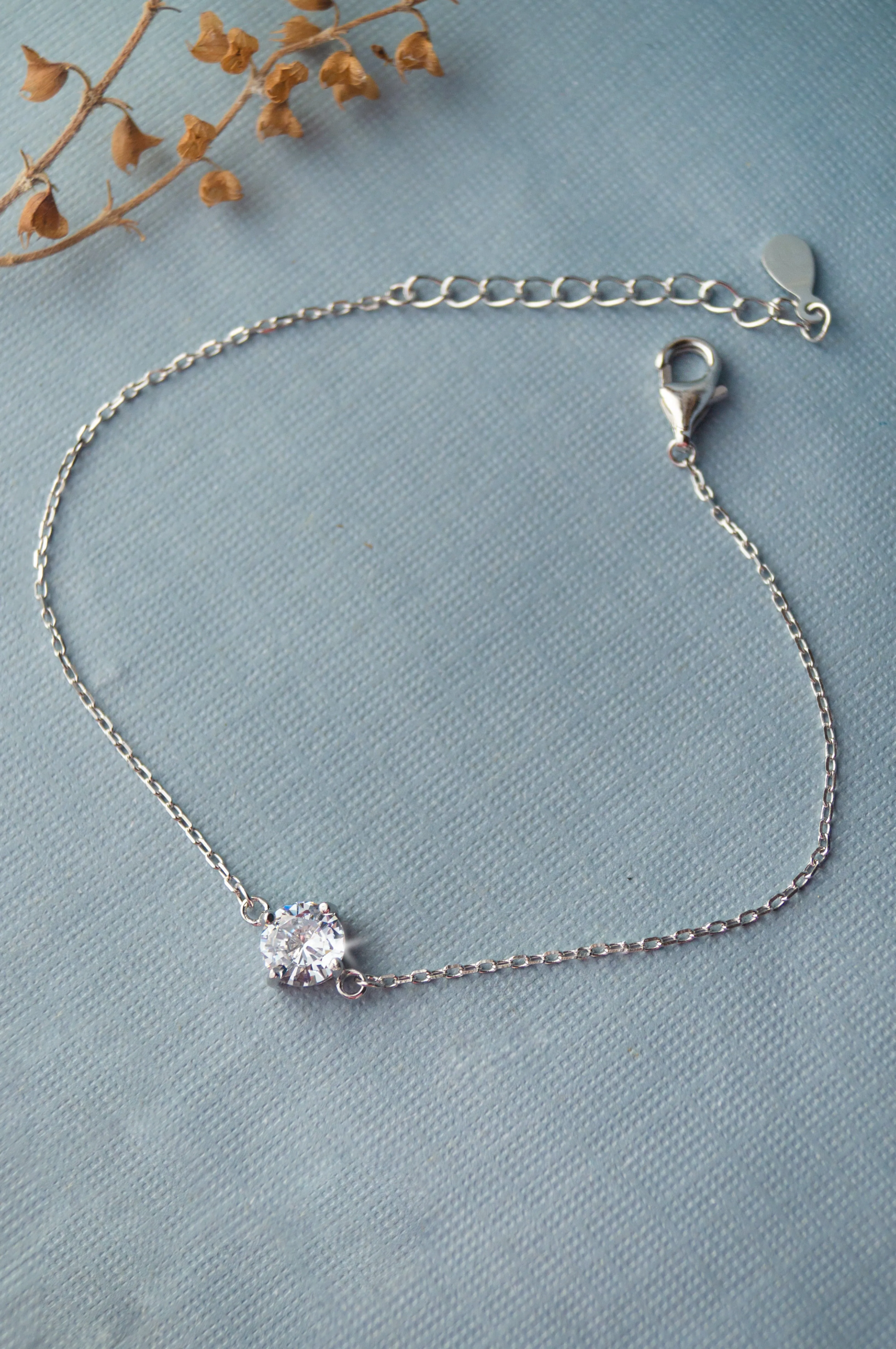 Solitaire Sterling Silver Delicate Chain Bracelet