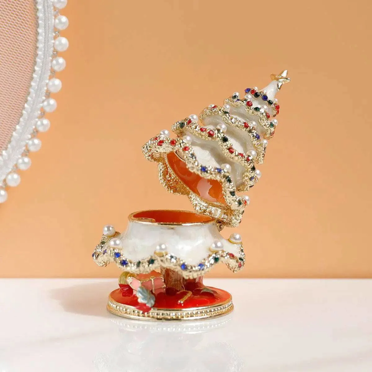 Sparkling Festive Tree - Enamel & Pearl - Encrusted Christmas Decor Jewelry Box