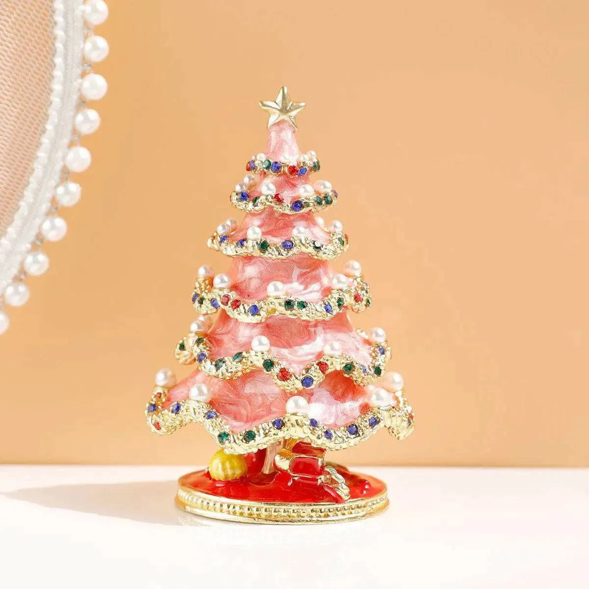 Sparkling Festive Tree - Enamel & Pearl - Encrusted Christmas Decor Jewelry Box