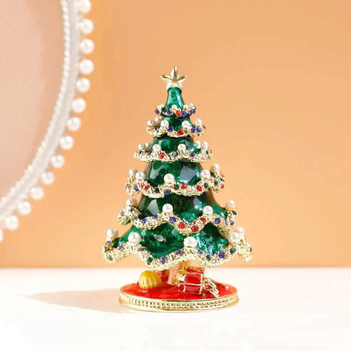 Sparkling Festive Tree - Enamel & Pearl - Encrusted Christmas Decor Jewelry Box