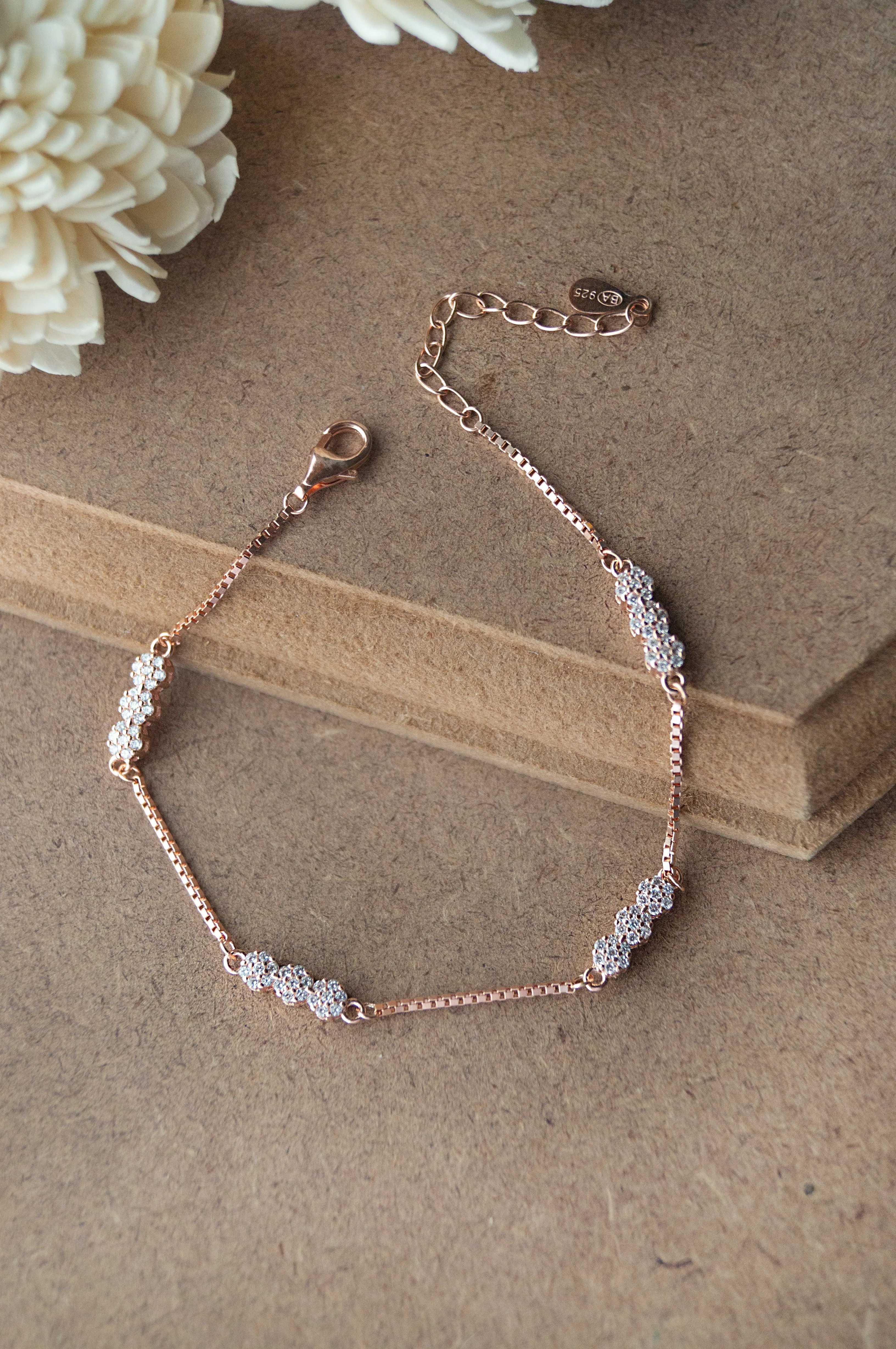 Sparkling Station Rose Gold Plated Sterling Silver Chain Bracelet