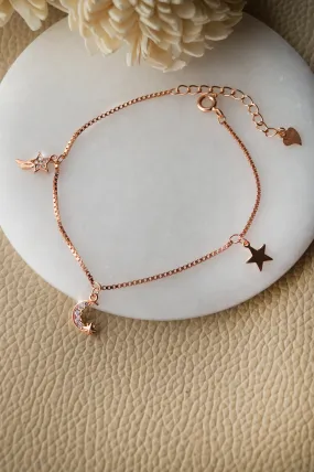 Stars And Moon Charms Rose Gold Plated Sterling Silver Chain Bracelet