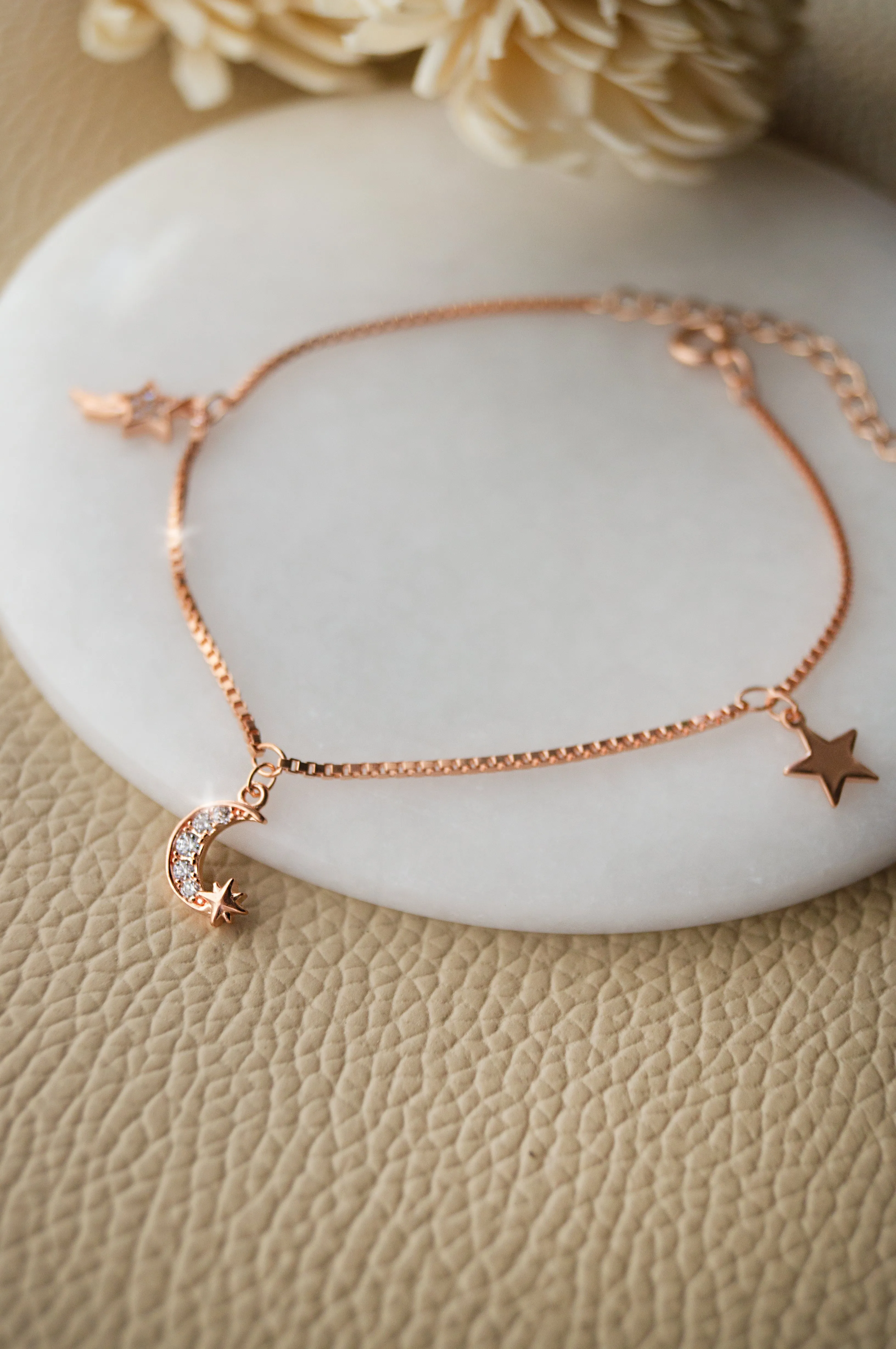 Stars And Moon Charms Rose Gold Plated Sterling Silver Chain Bracelet