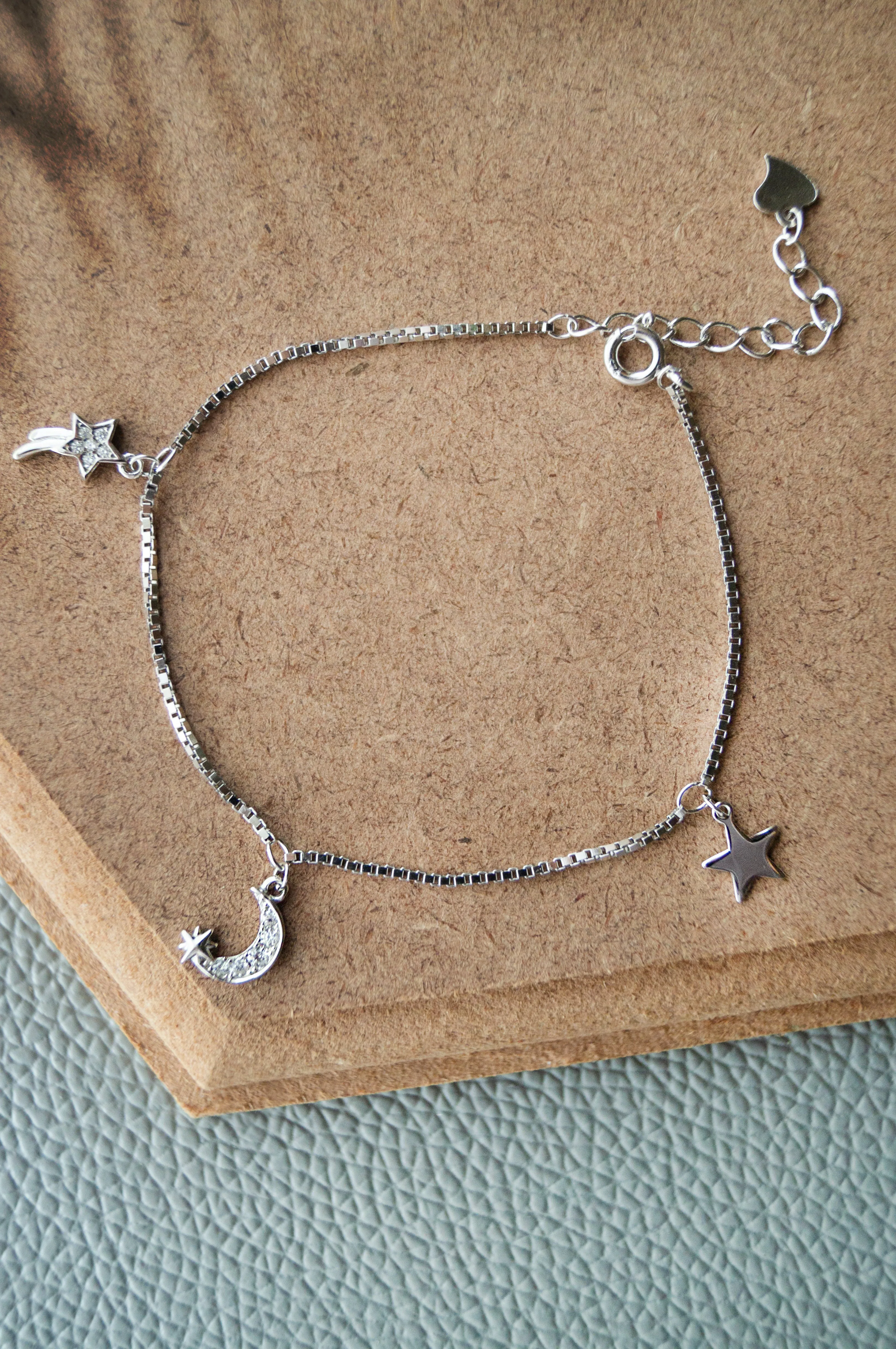 Stars And Moon Charms Rose Gold Plated Sterling Silver Chain Bracelet