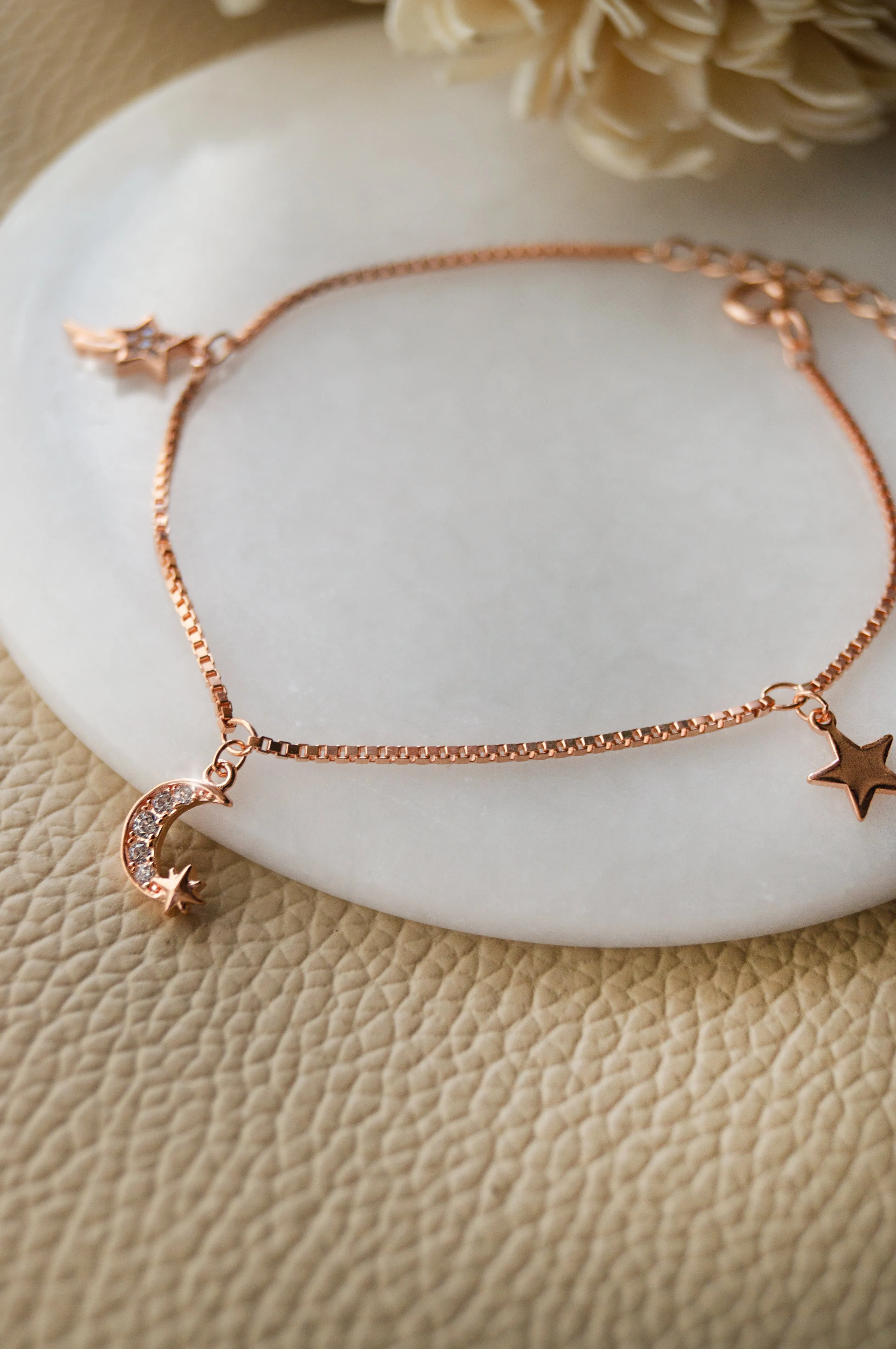 Stars And Moon Charms Rose Gold Plated Sterling Silver Chain Bracelet