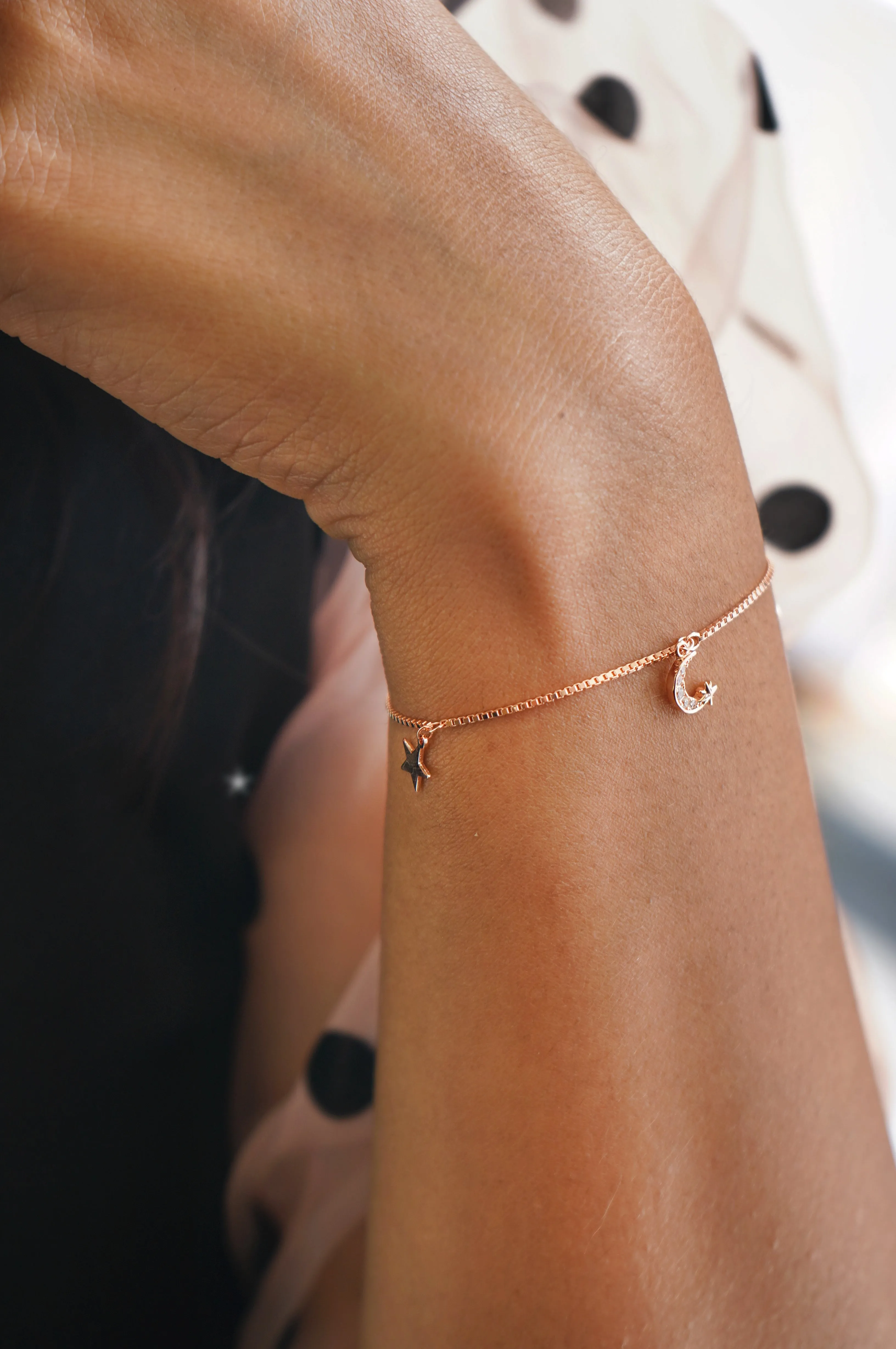 Stars And Moon Charms Rose Gold Plated Sterling Silver Chain Bracelet