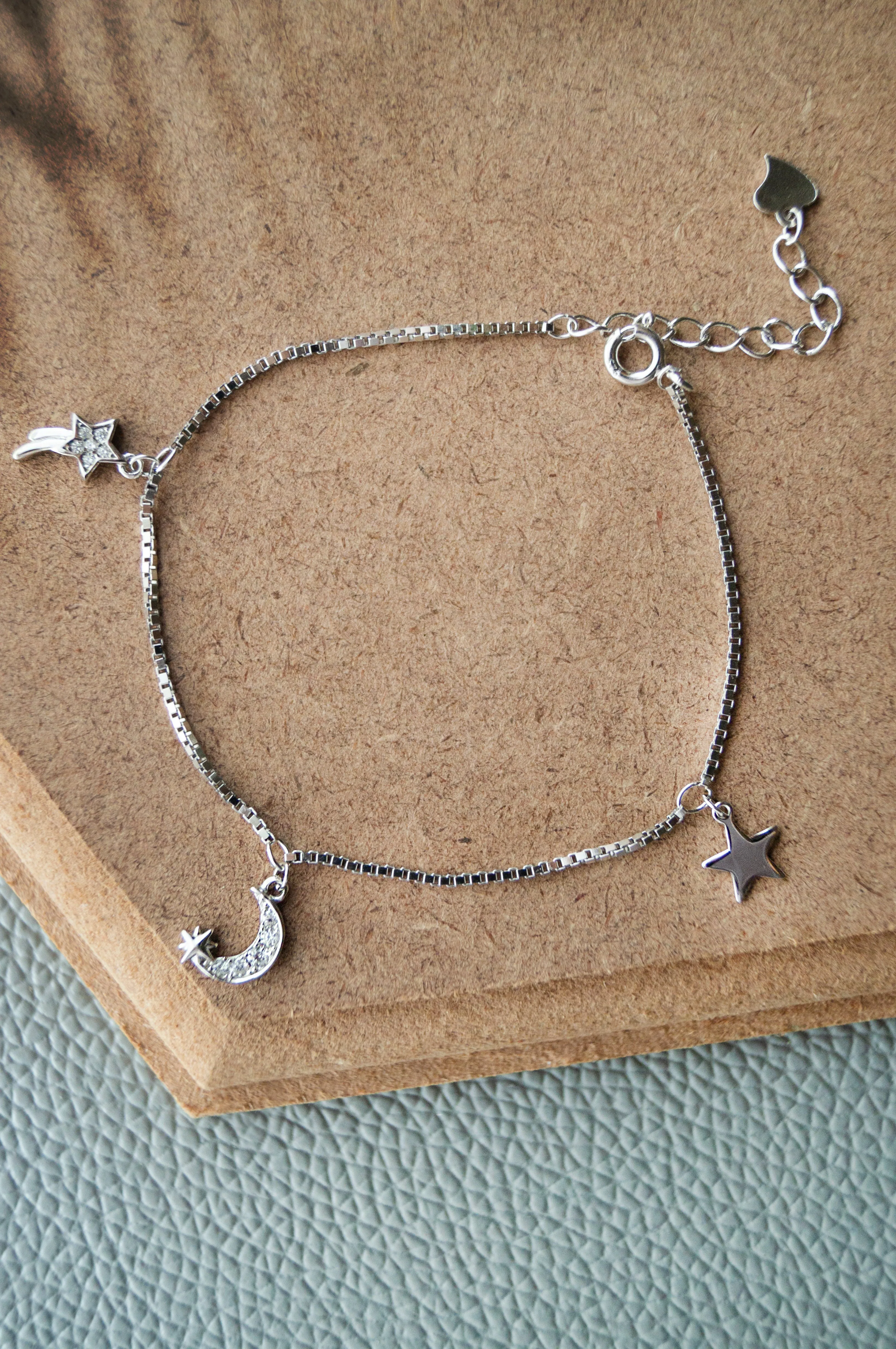 Stars And Moon Charms Sterling Silver Chain Bracelet