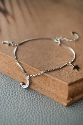 Stars And Moon Charms Sterling Silver Chain Bracelet