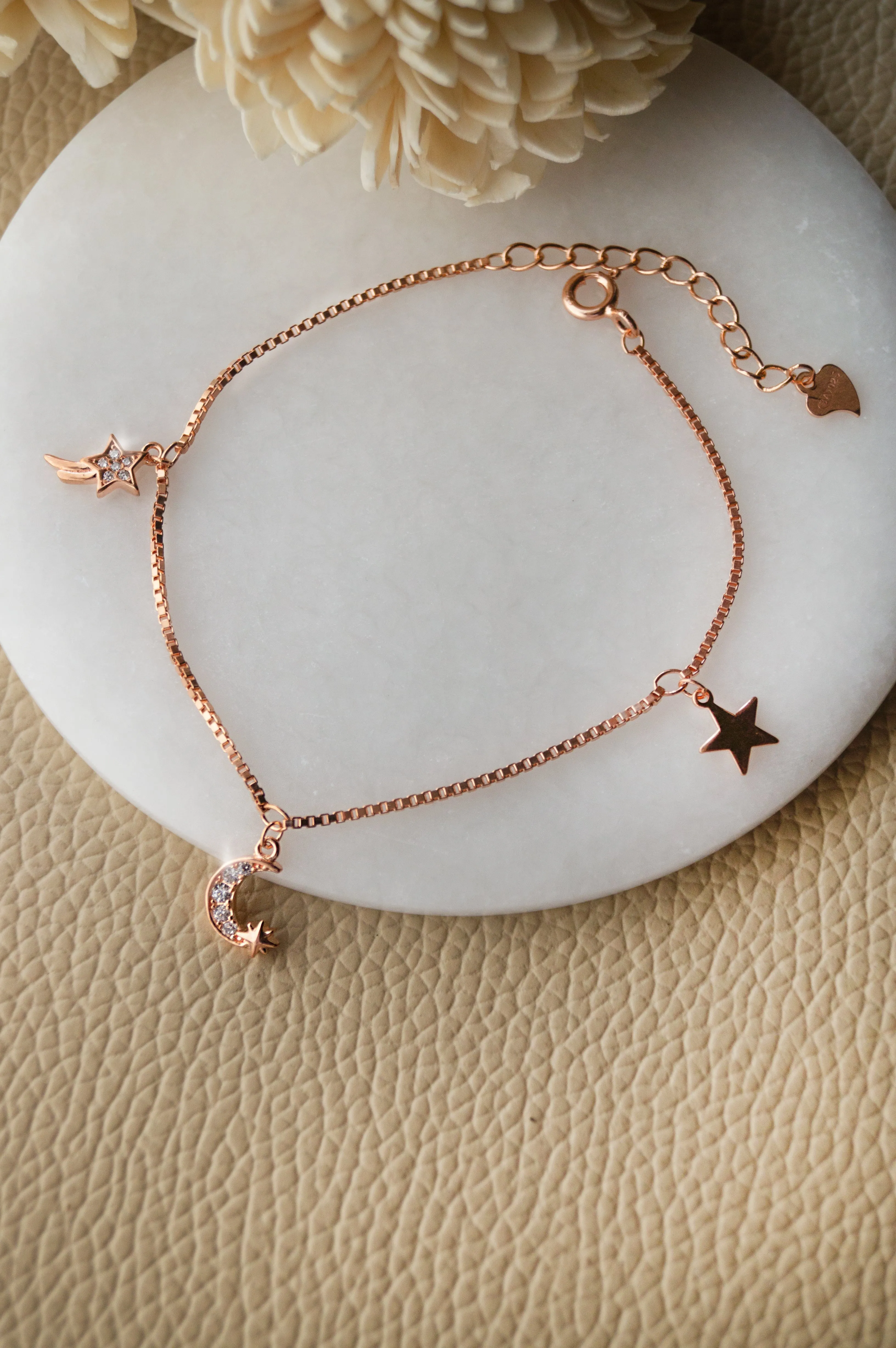 Stars And Moon Charms Sterling Silver Chain Bracelet