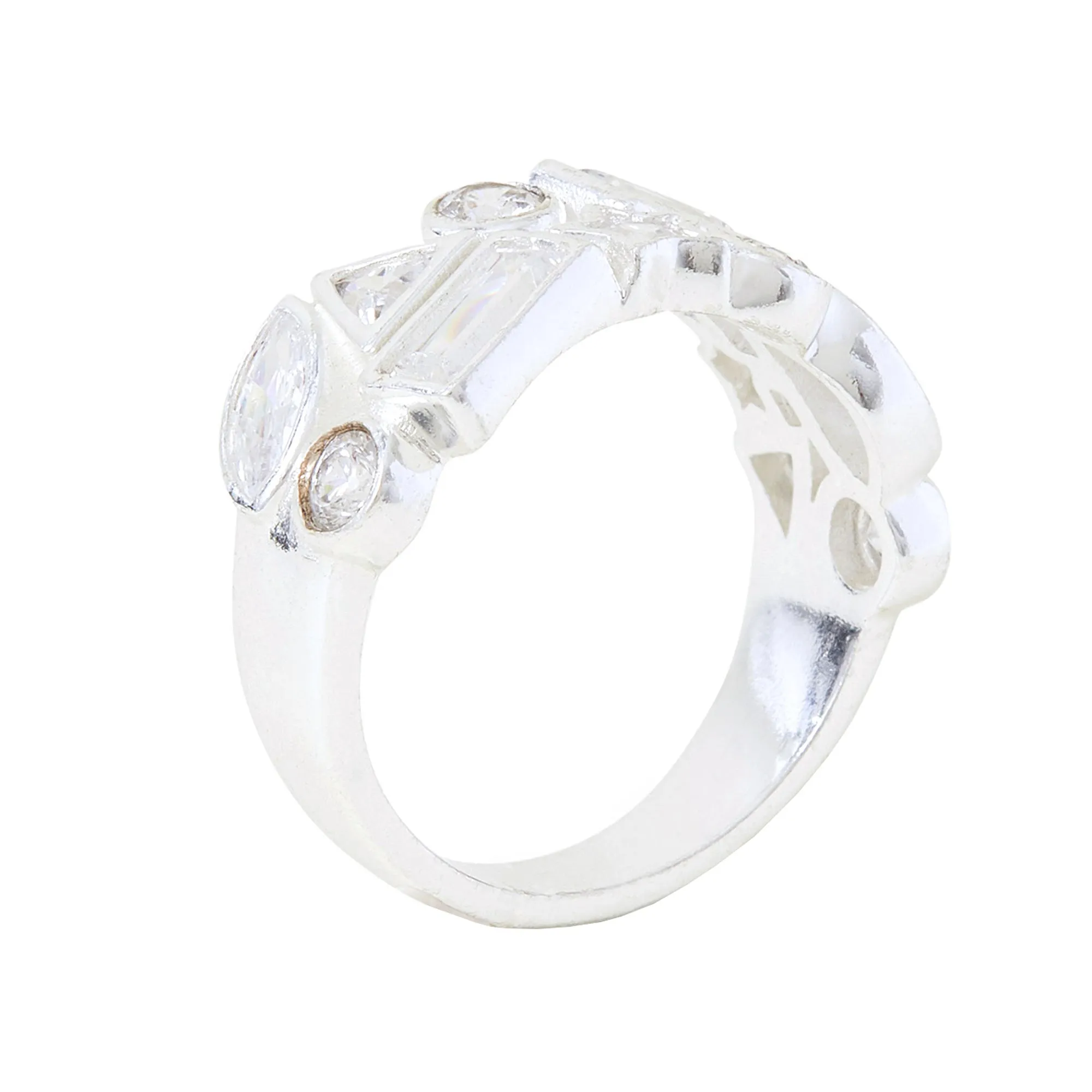 Sterling Silver Cluster Band Ring White-Medium