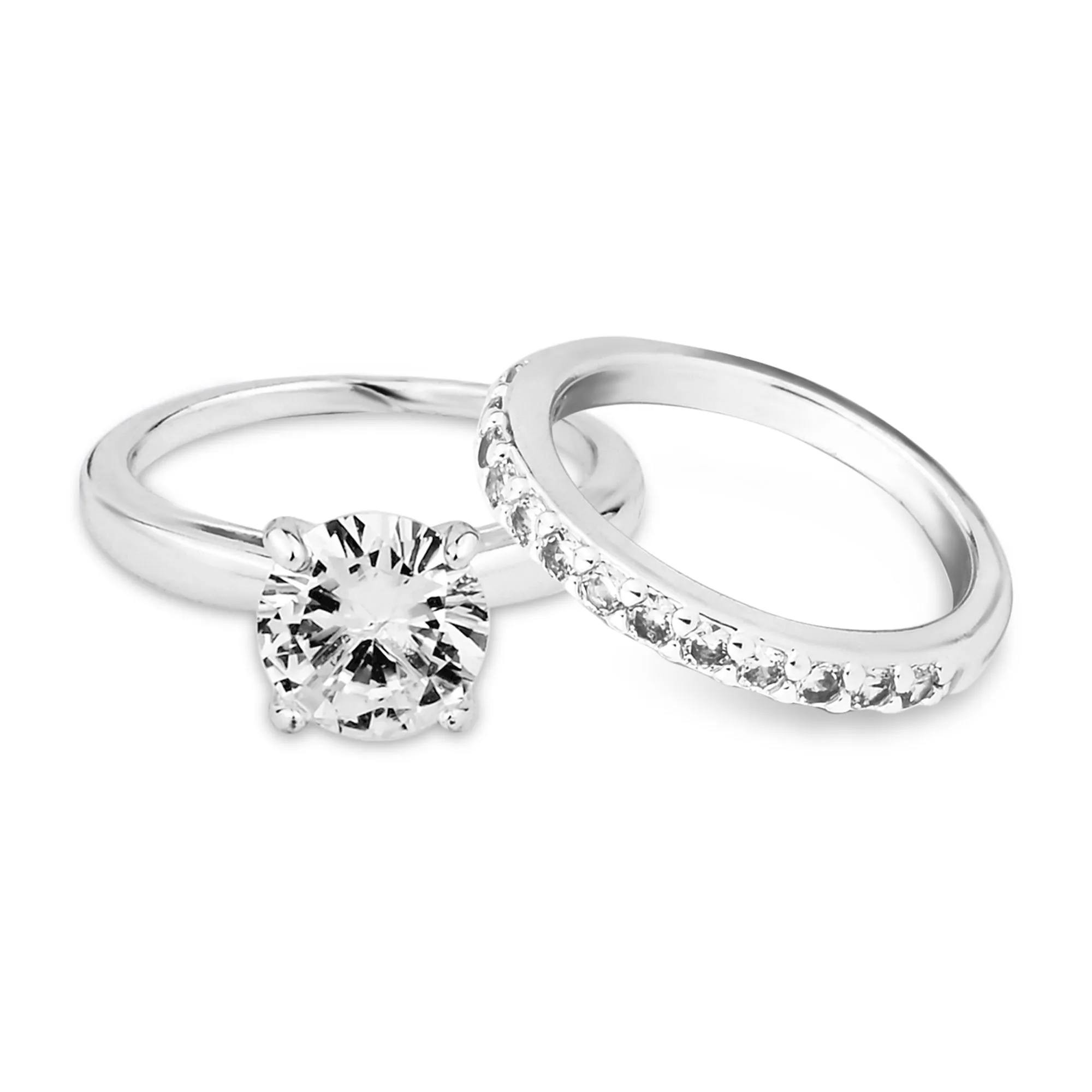 Sterling Silver-Plated Solitaire Rings Set Of Two White-Medium