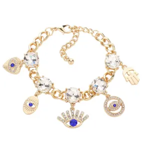 Stone Embellished Evil Eye Heart Hamsa Hand Charm Bracelet