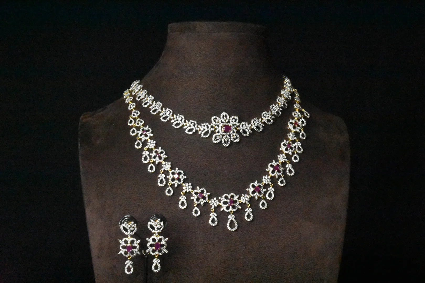 Stunning Two Layered Emralds American Diamonds Bridal Style Necklace Set