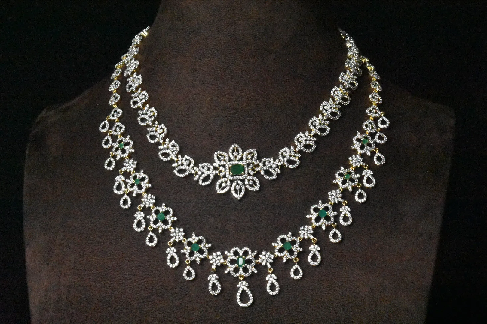 Stunning Two Layered Emralds American Diamonds Bridal Style Necklace Set