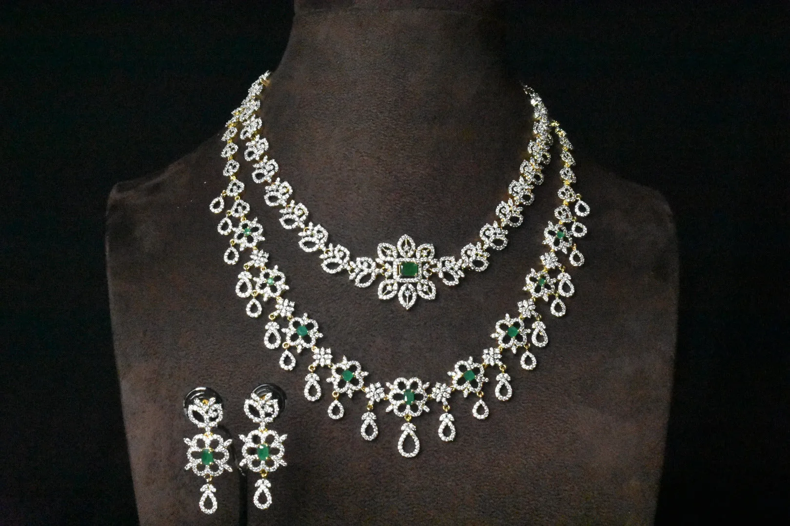 Stunning Two Layered Emralds American Diamonds Bridal Style Necklace Set