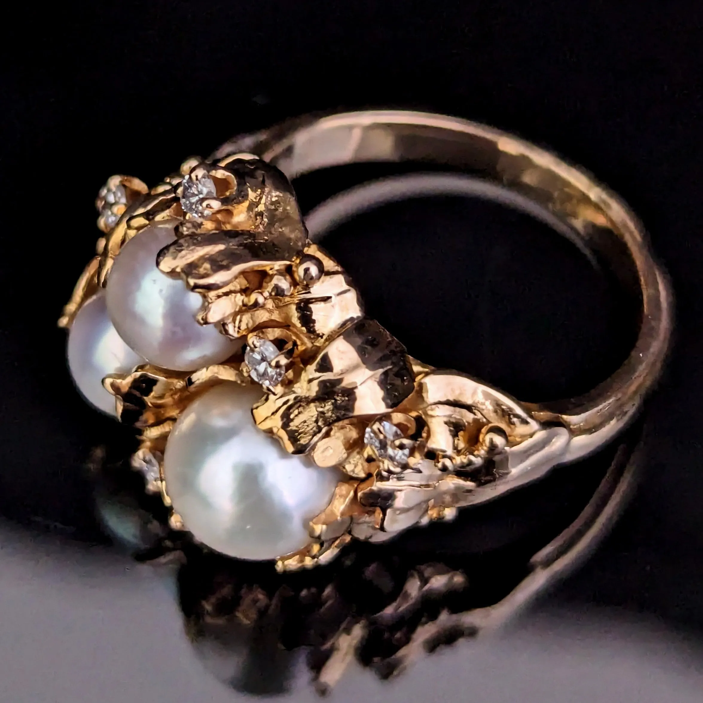 The Brevard - 1970s Pearls Diamonds 14k Gold Brutalist Cocktail Ring