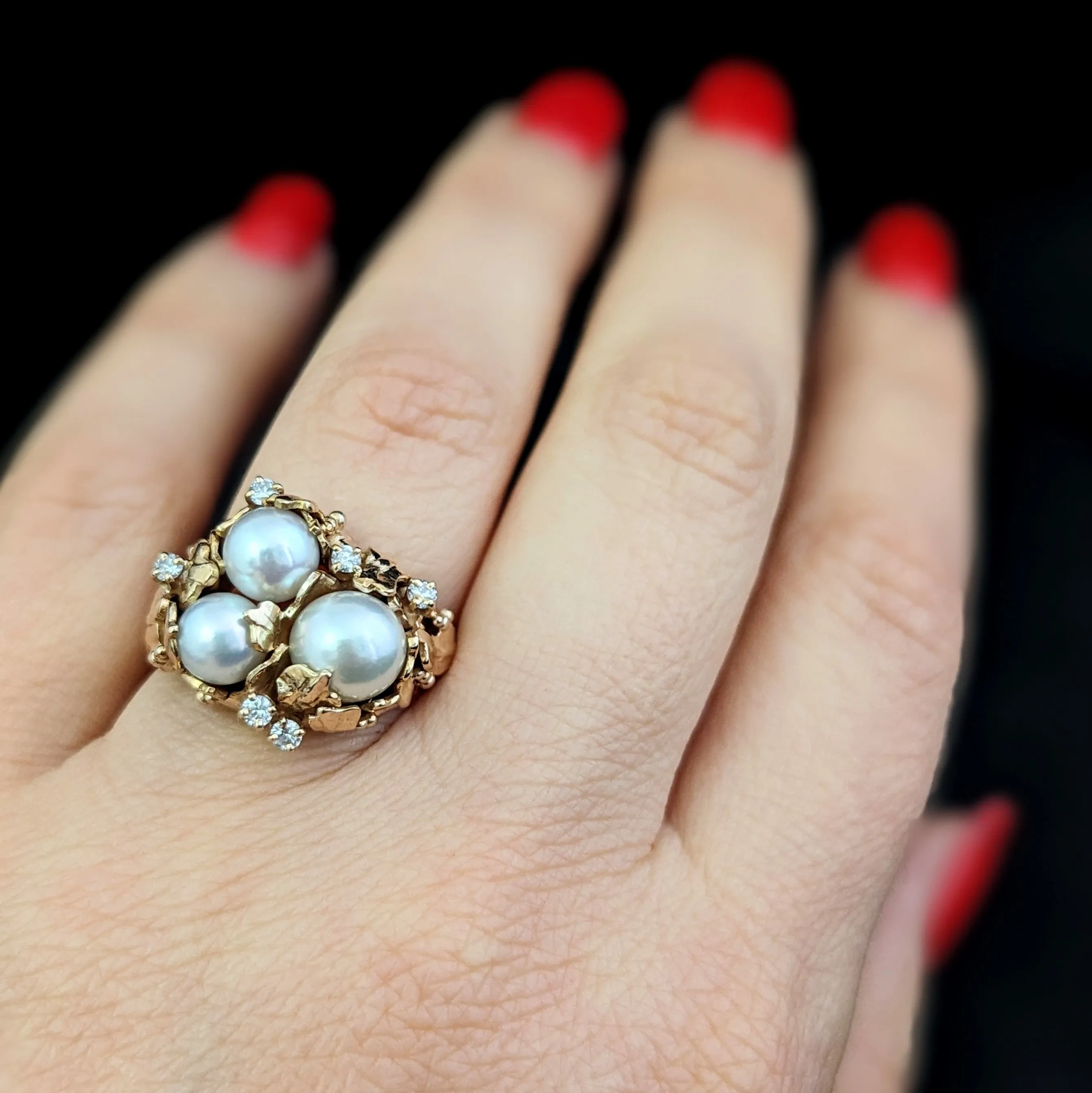 The Brevard - 1970s Pearls Diamonds 14k Gold Brutalist Cocktail Ring