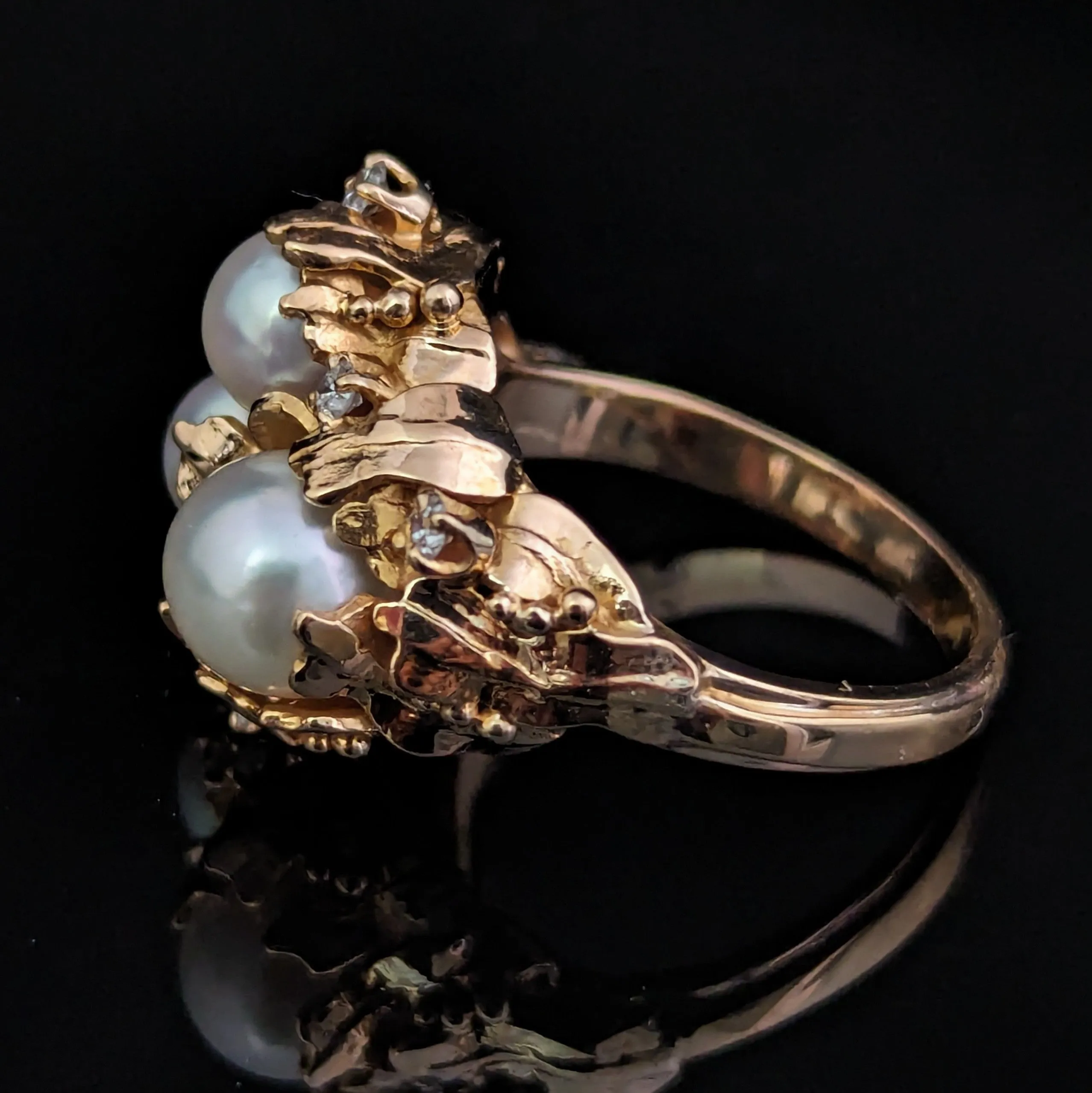 The Brevard - 1970s Pearls Diamonds 14k Gold Brutalist Cocktail Ring