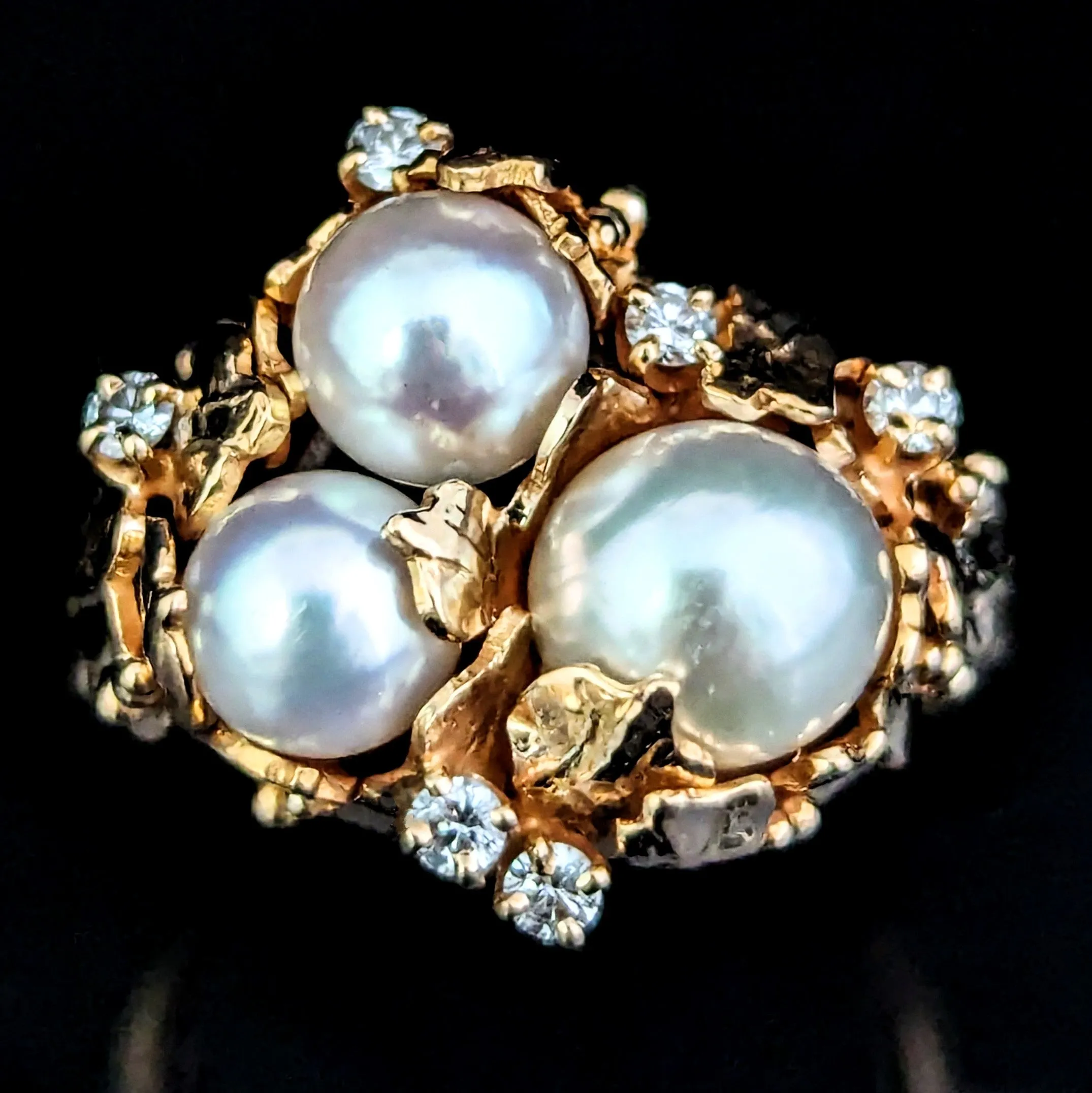 The Brevard - 1970s Pearls Diamonds 14k Gold Brutalist Cocktail Ring