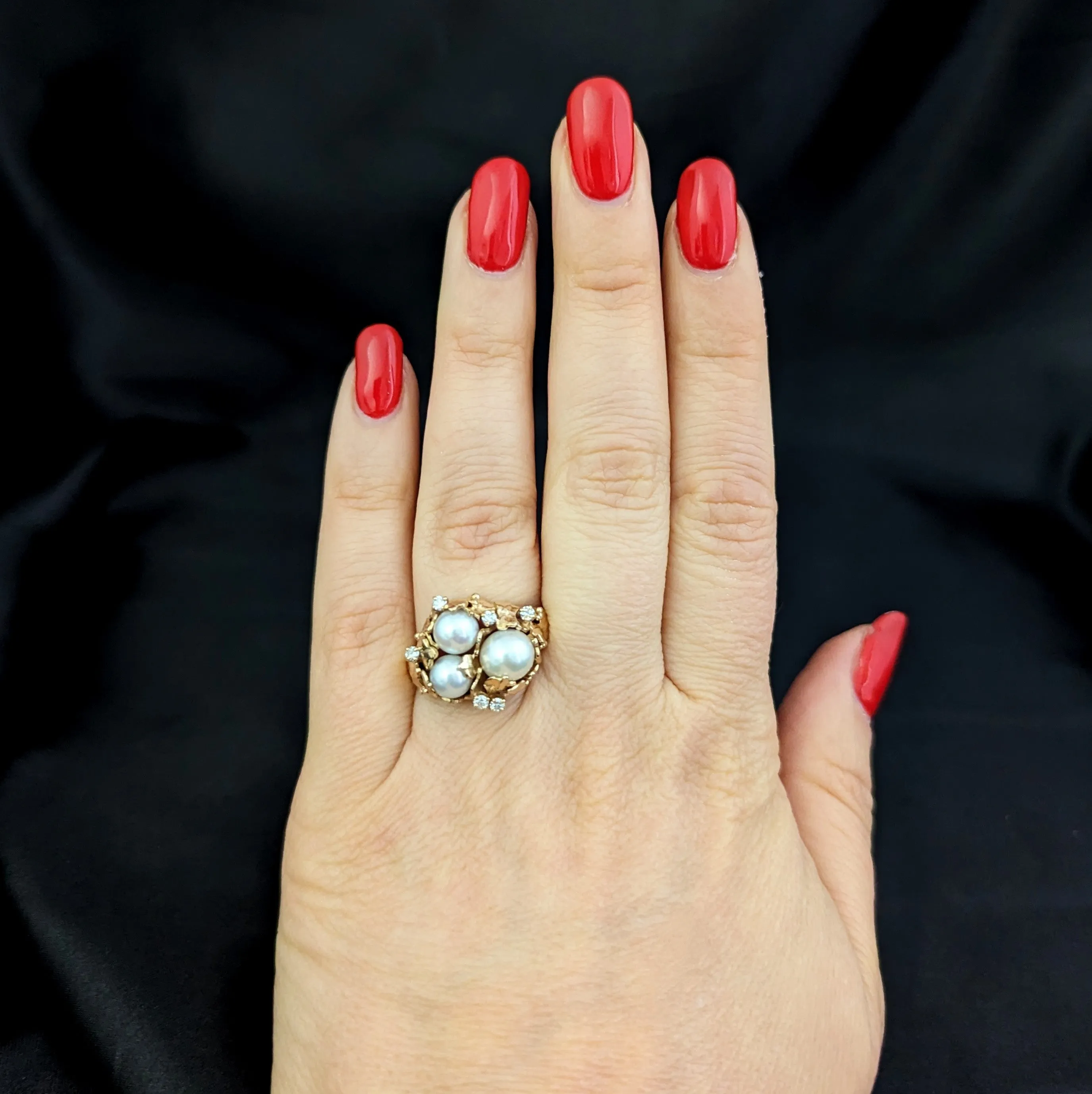 The Brevard - 1970s Pearls Diamonds 14k Gold Brutalist Cocktail Ring