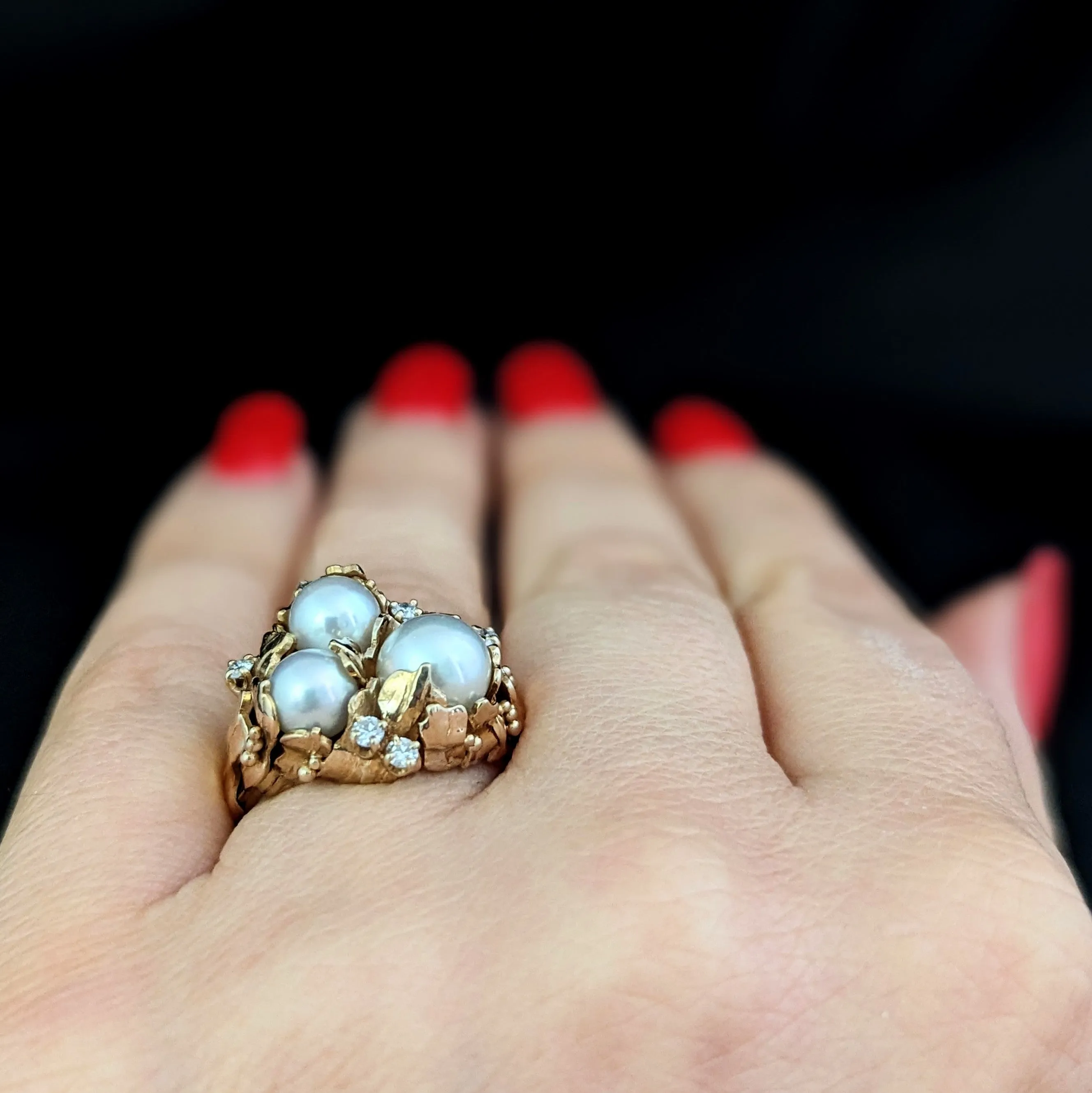 The Brevard - 1970s Pearls Diamonds 14k Gold Brutalist Cocktail Ring