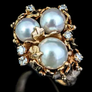 The Brevard - 1970s Pearls Diamonds 14k Gold Brutalist Cocktail Ring