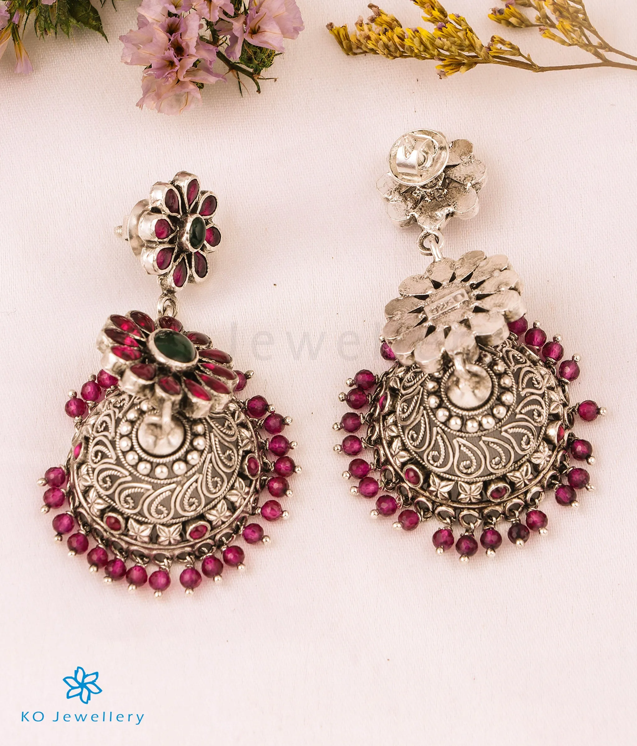 The Nila Silver Kemp Jhumkas(Red/Oxidised)