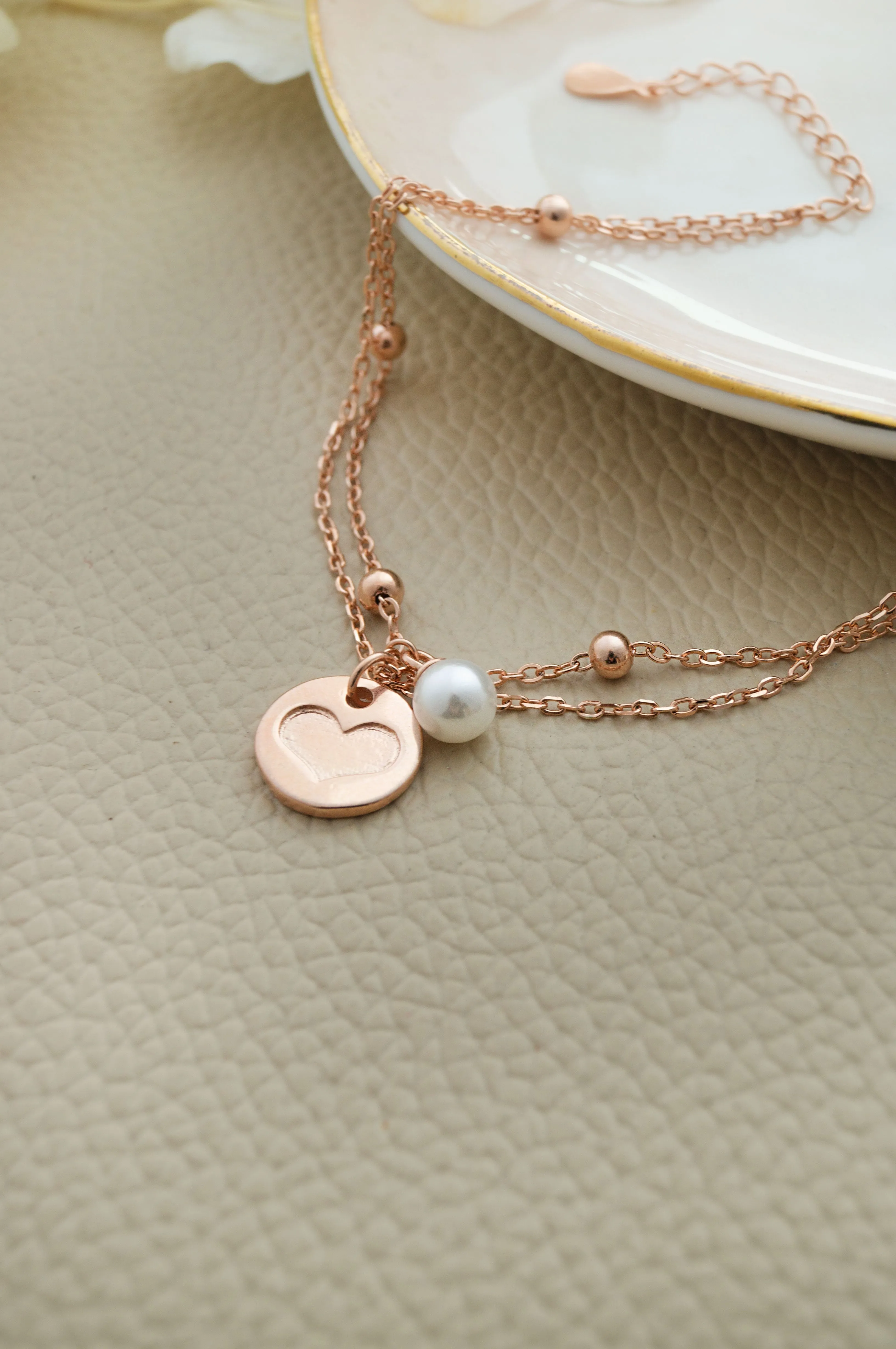 Trending Two Layer Heart Charm Rose Gold Plated Sterling Silver Chain Bracelet