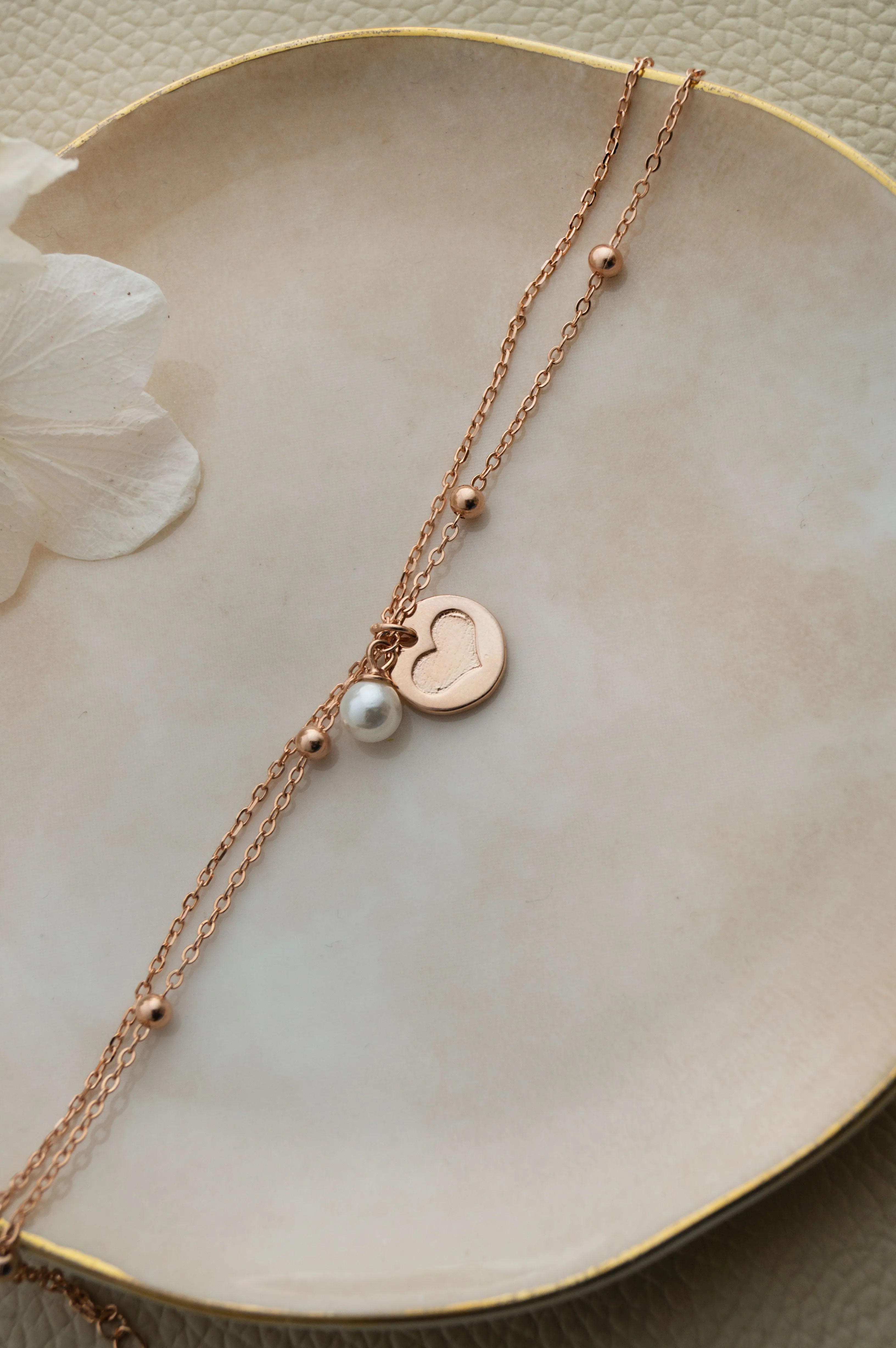 Trending Two Layer Heart Charm Rose Gold Plated Sterling Silver Chain Bracelet