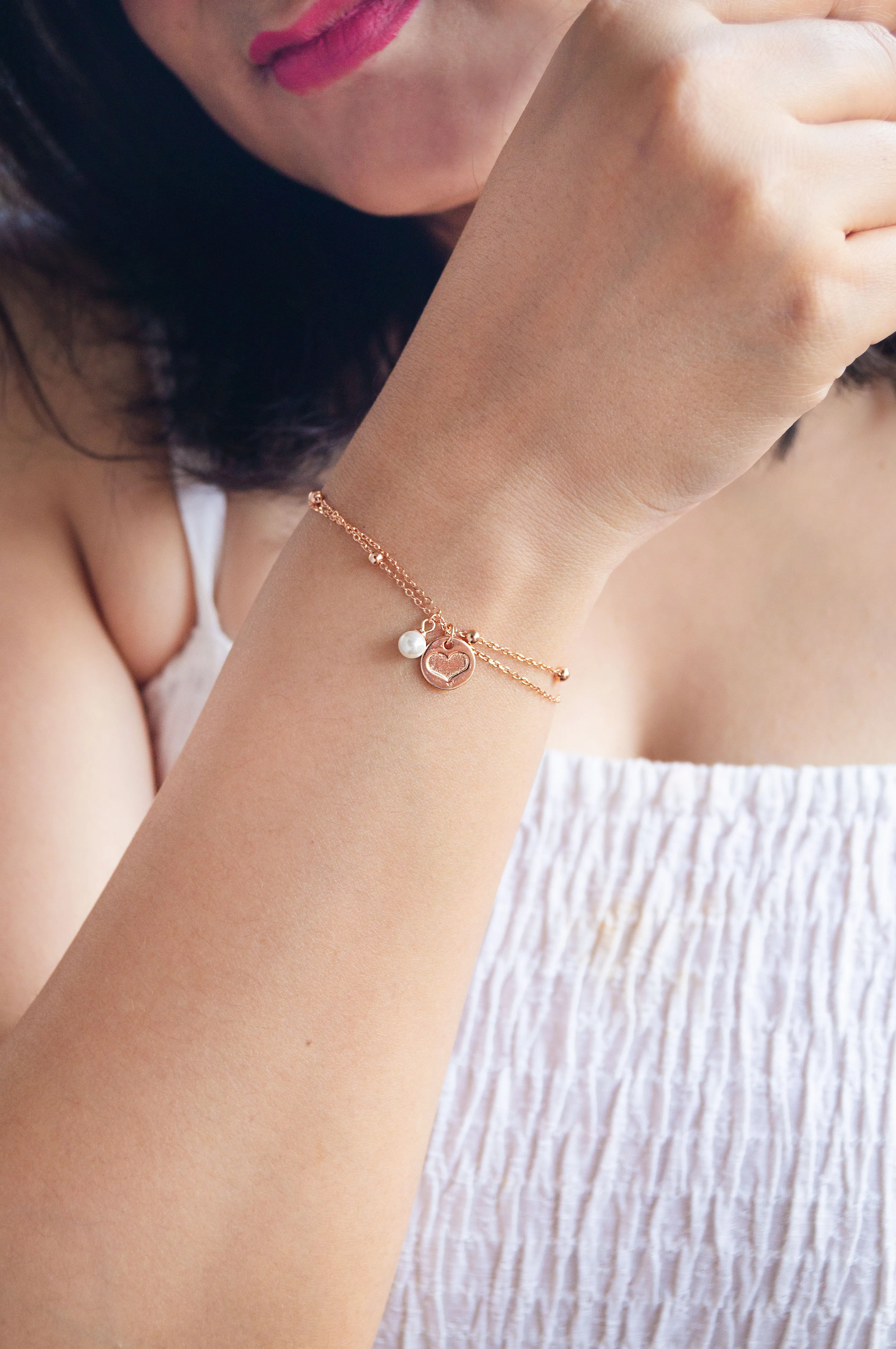 Trending Two Layer Heart Charm Rose Gold Plated Sterling Silver Chain Bracelet