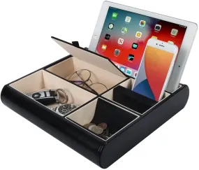 Valet Tray Leather Multi Catch Storage Box for Jewellery Accessories, Keys, Phone, Wallet, Coin, Jewellery (Black)