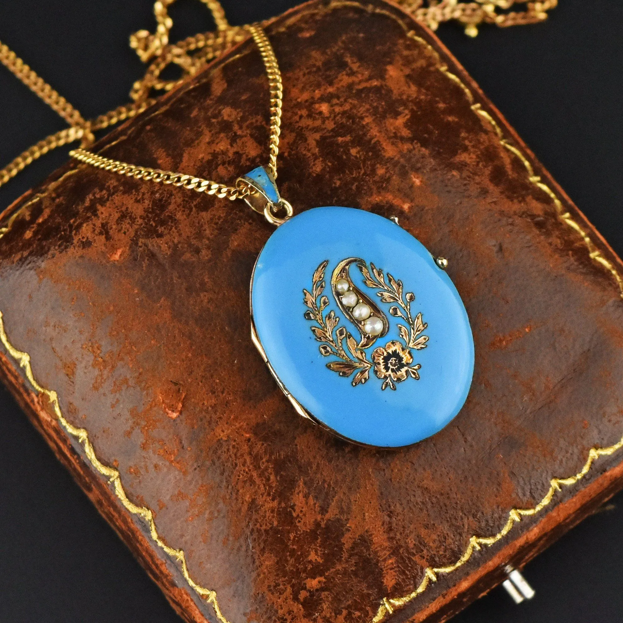 Victorian Blue Enamel Pearl 12K Gold Locket Necklace