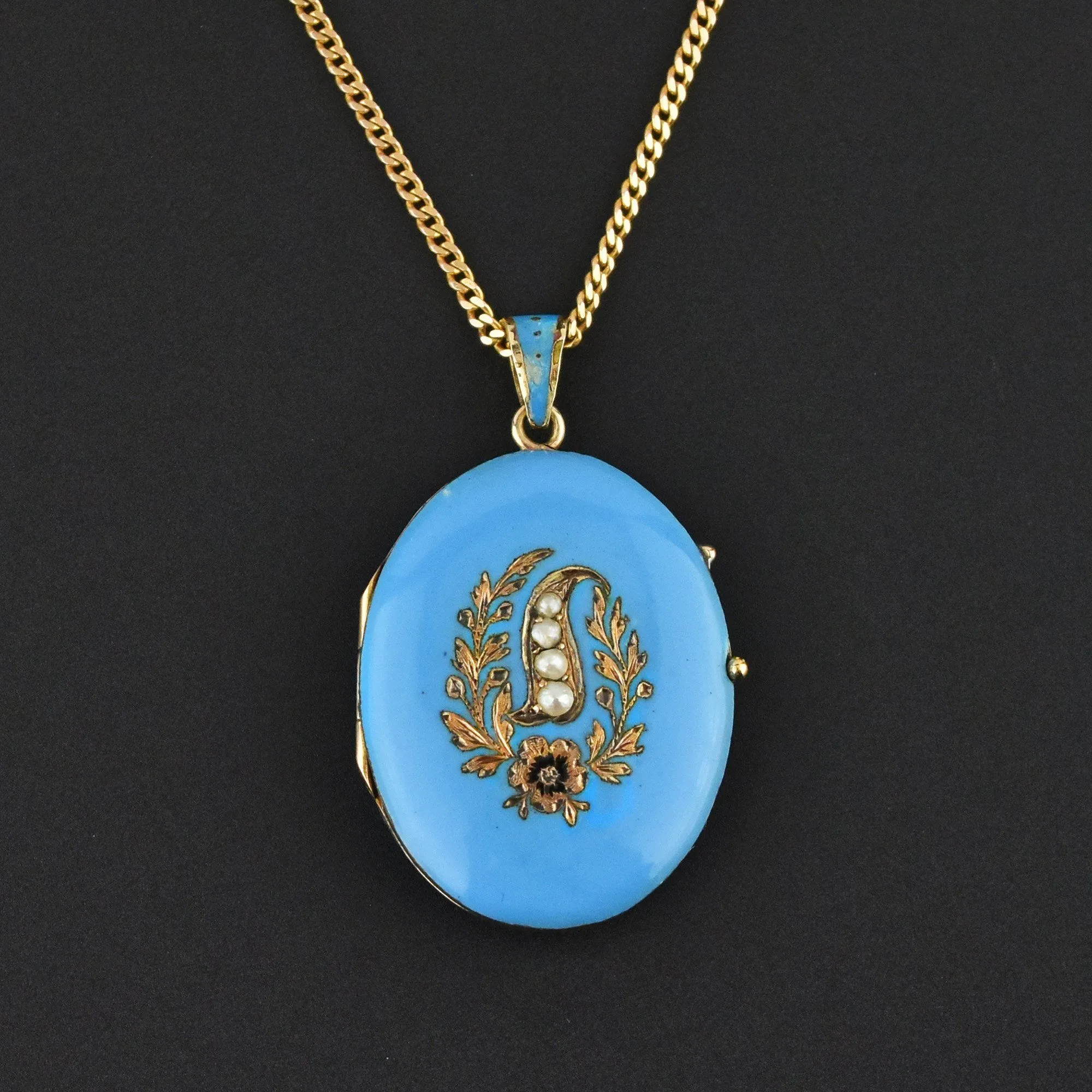 Victorian Blue Enamel Pearl 12K Gold Locket Necklace