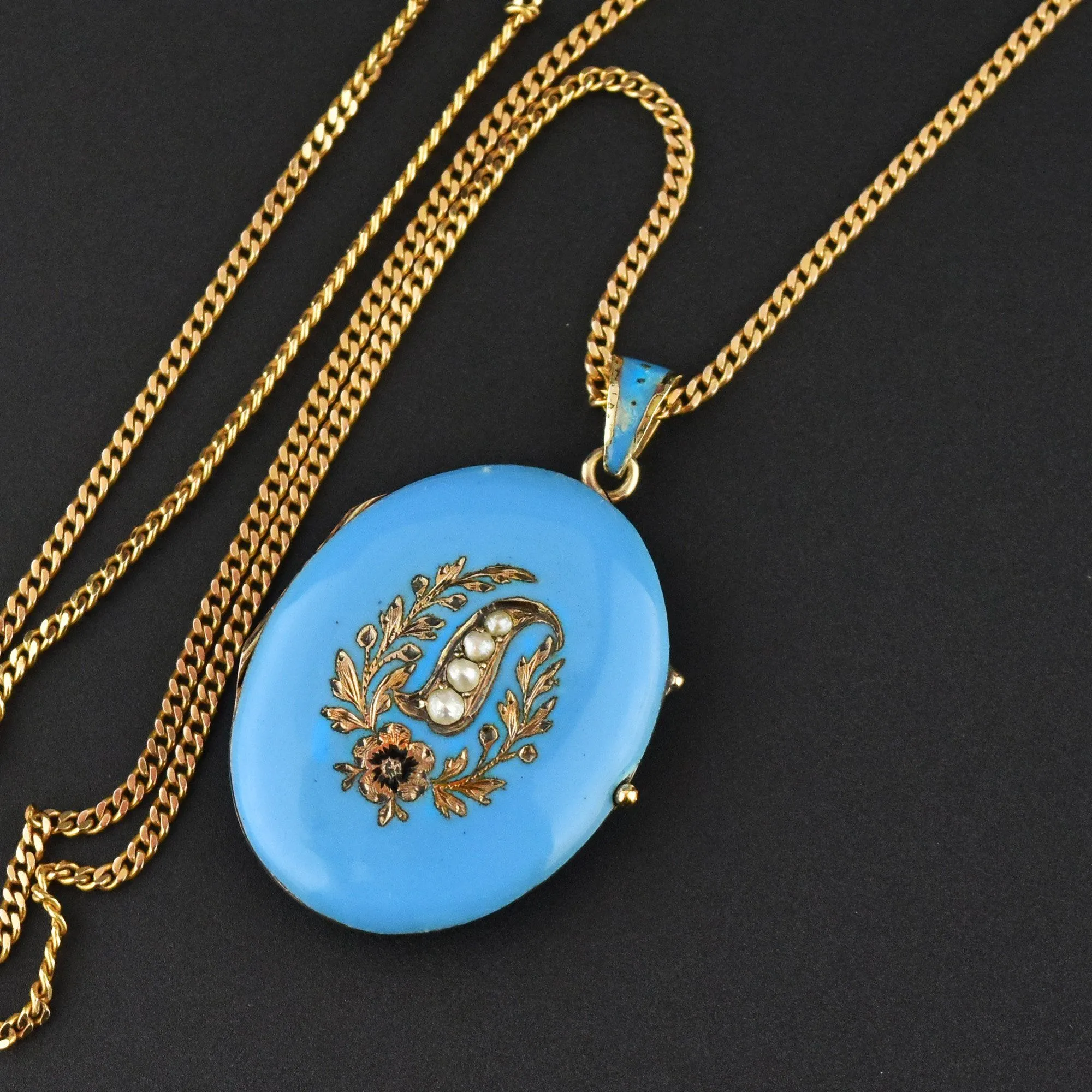 Victorian Blue Enamel Pearl 12K Gold Locket Necklace