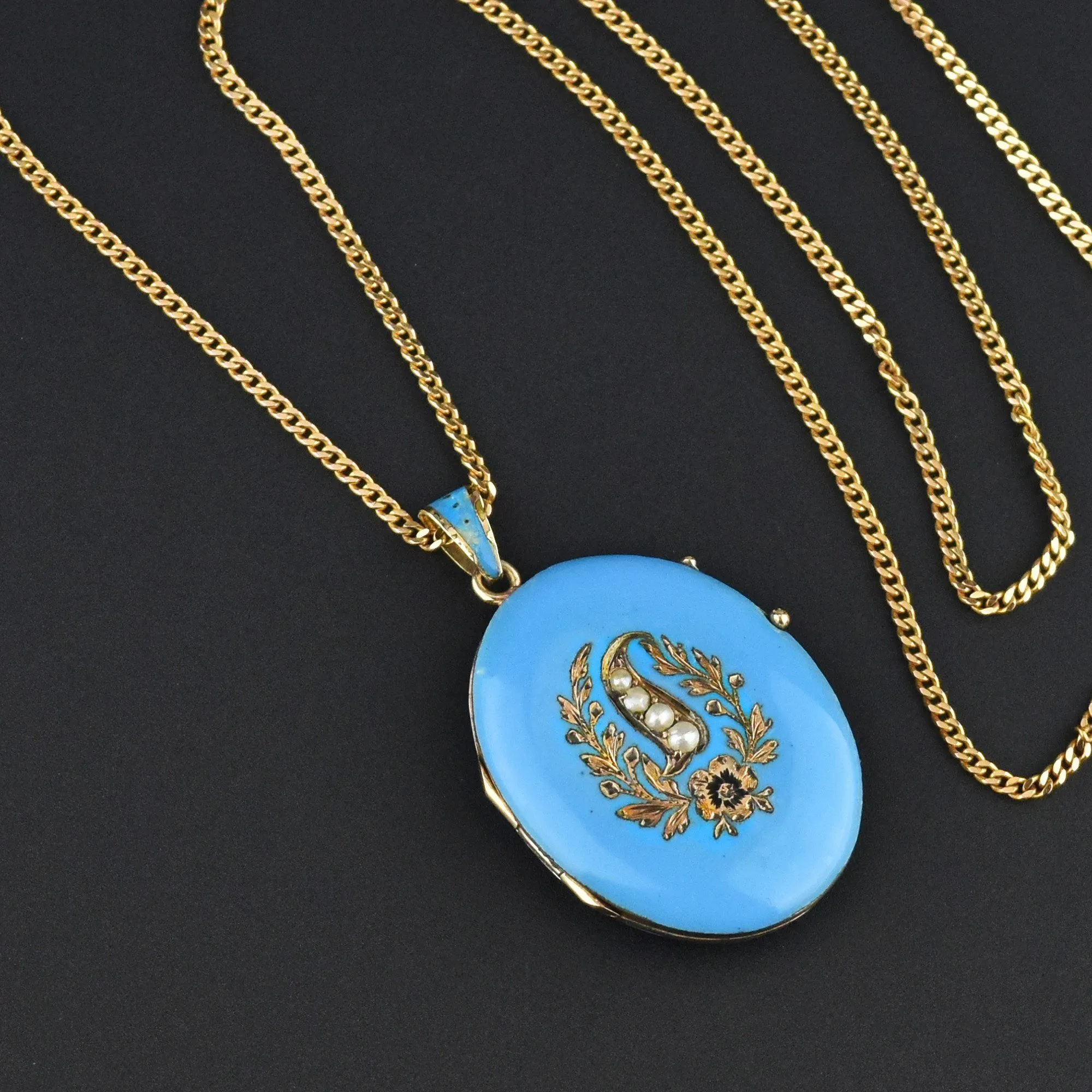 Victorian Blue Enamel Pearl 12K Gold Locket Necklace