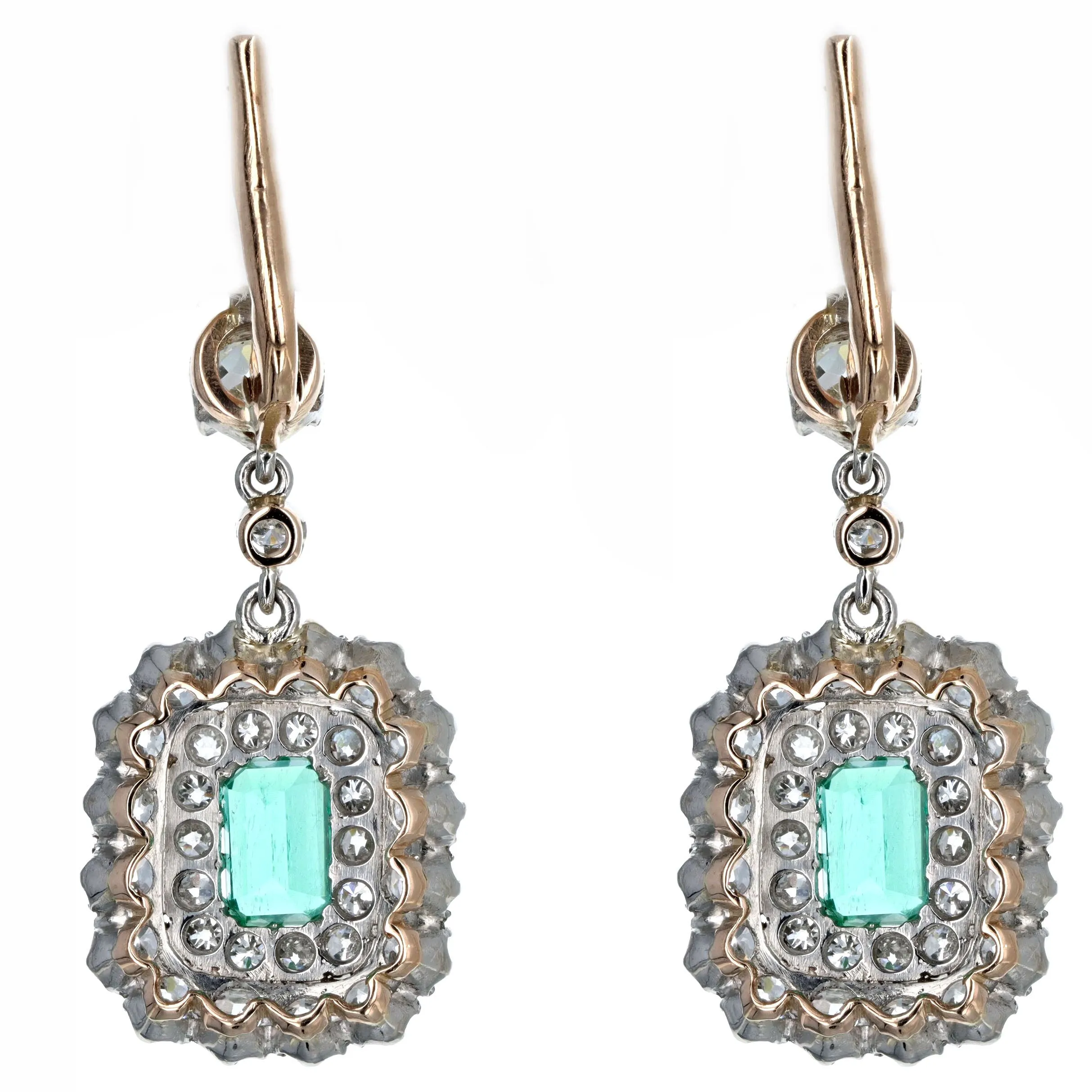 Victorian Inspired Natural Colombian Emerald Old European Diamond Drop Earrings Platinum 18K Yellow Gold