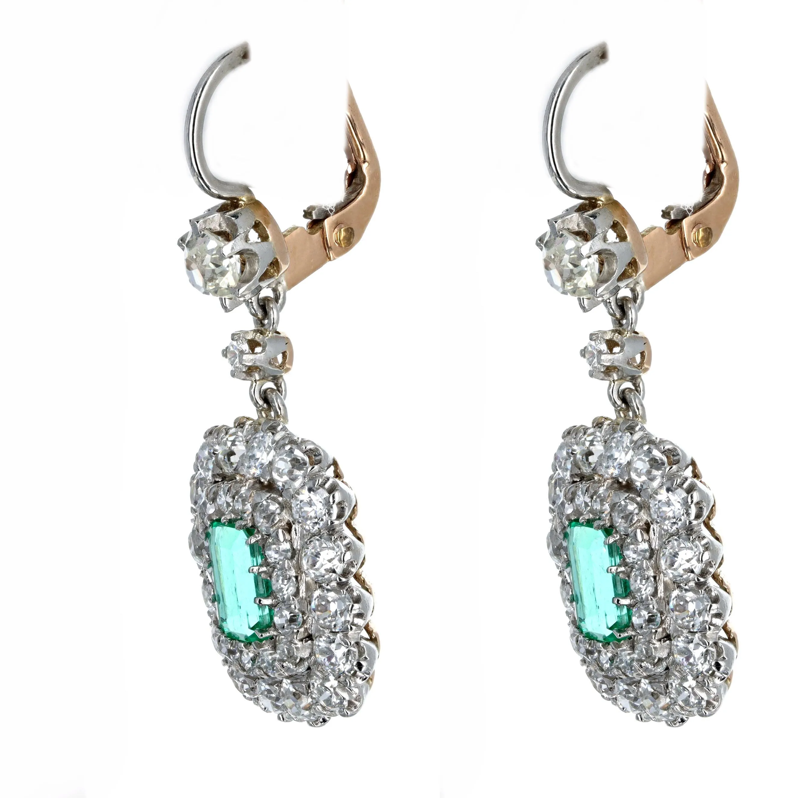 Victorian Inspired Natural Colombian Emerald Old European Diamond Drop Earrings Platinum 18K Yellow Gold