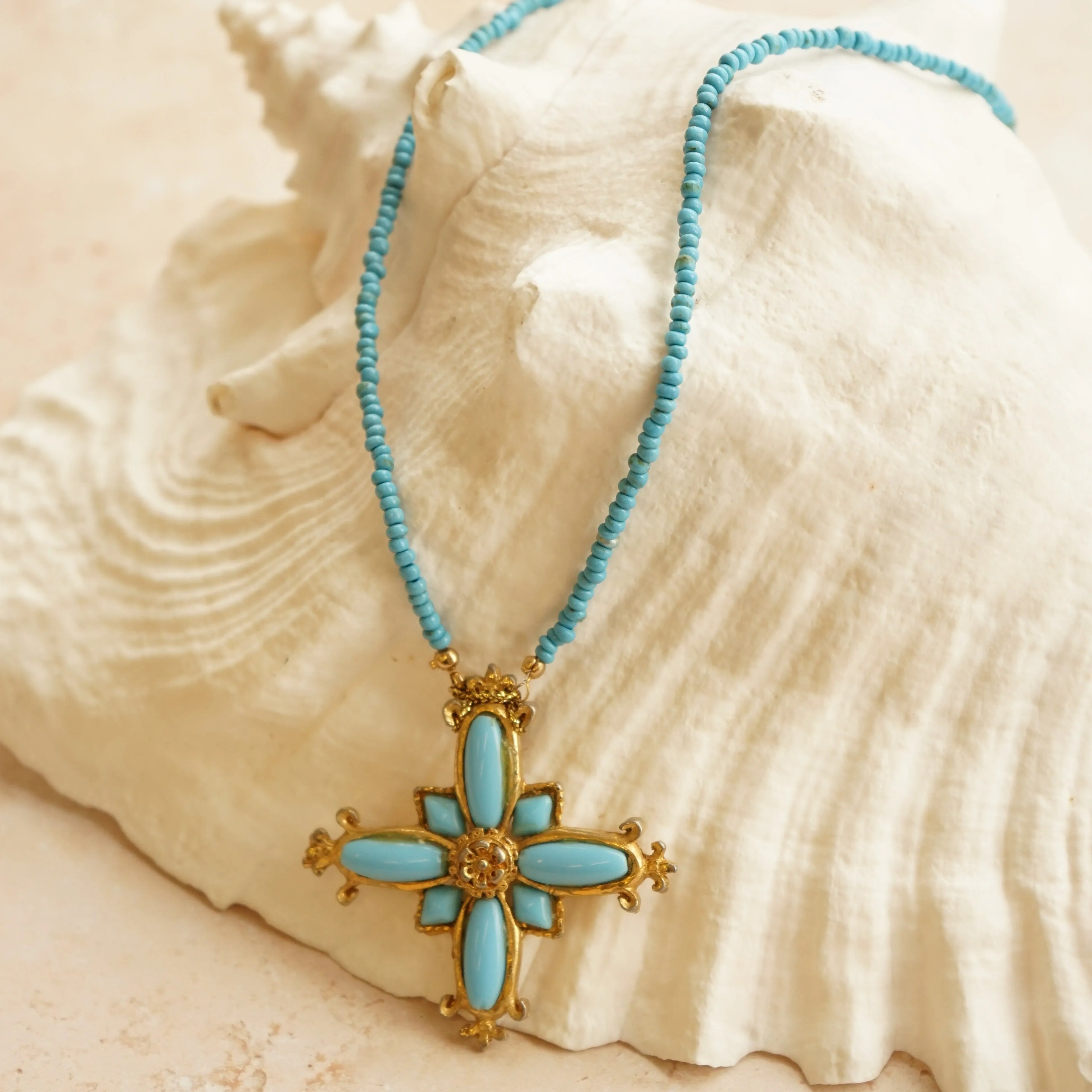 Vintage Turquoise Beaded Cross Necklace